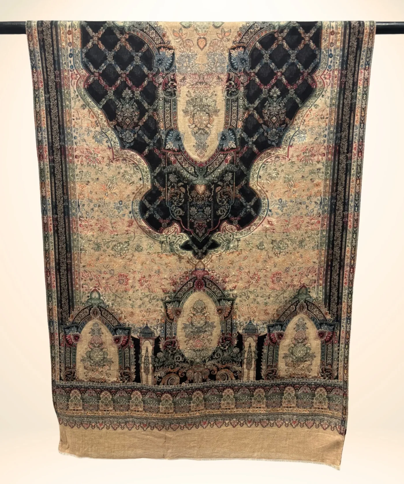 Beige and black Pashmina Cashmere Stole With Zari Embroaidery and Kani Weave - Image 3
