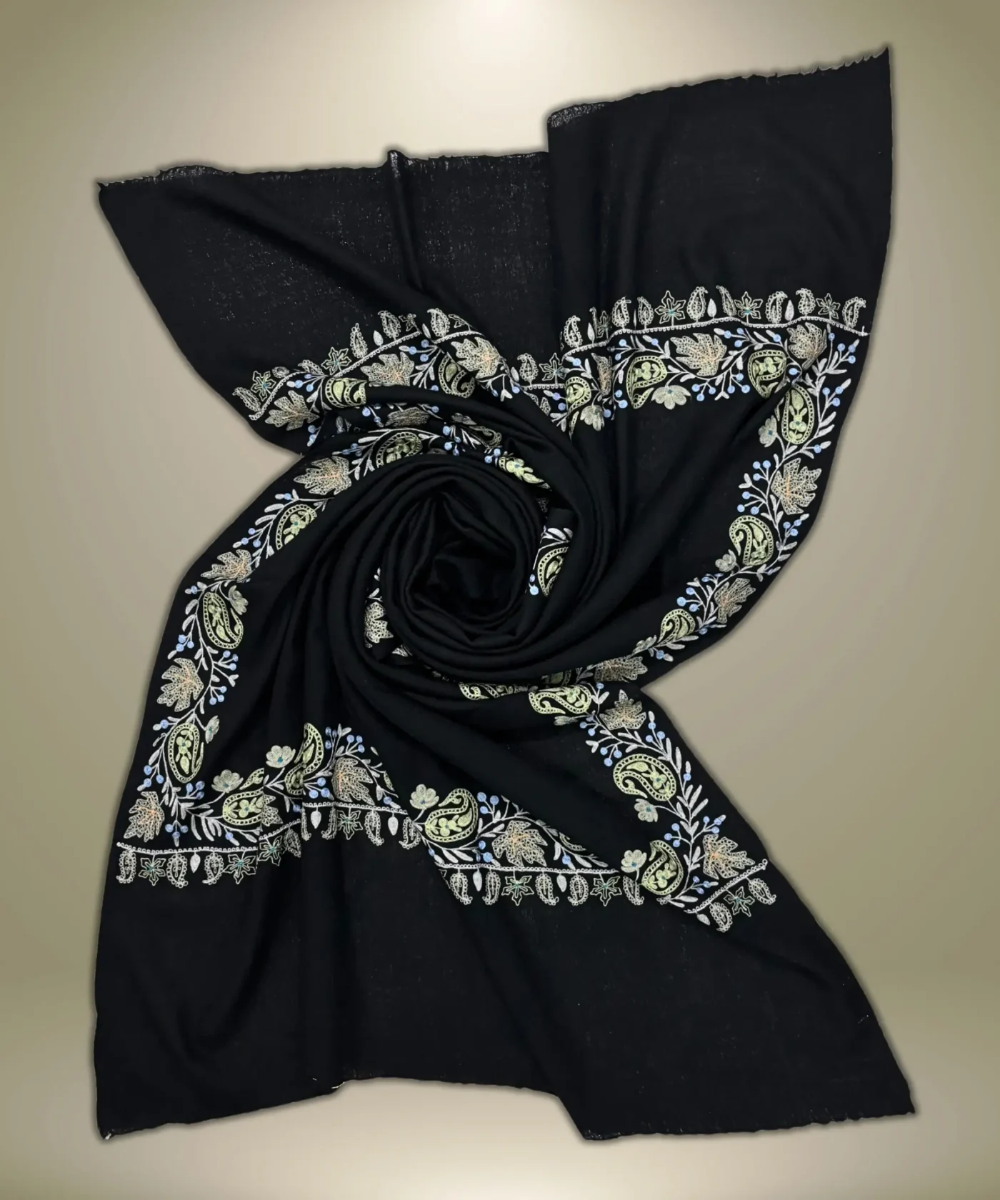 Black Pashmina Cashmere Shawl With Aari Hand Embroidery - Image 4