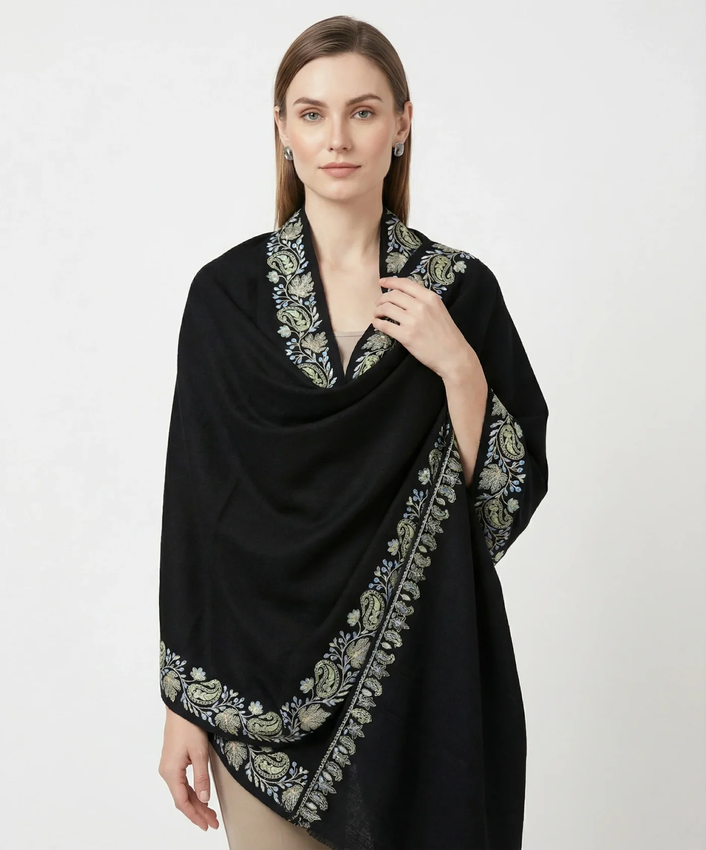 Black Pashmina Cashmere Shawl With Aari Hand Embroidery - Image 6
