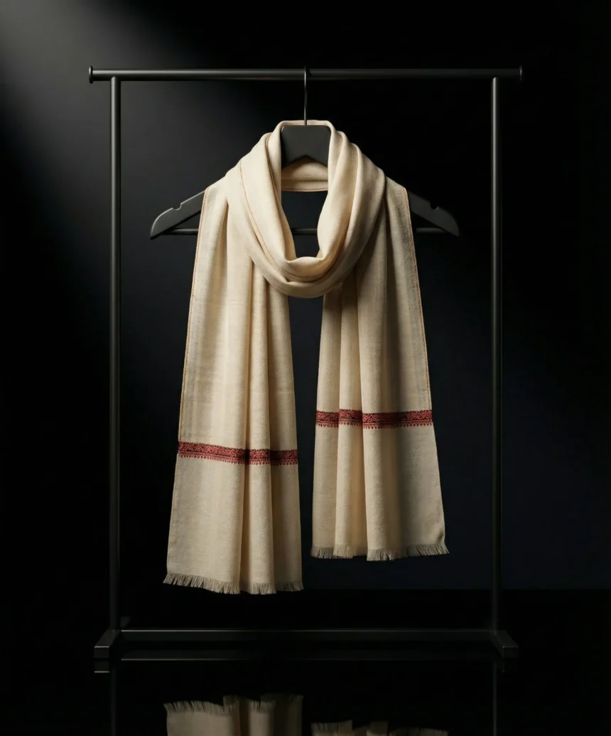 White Pashmina Cashmere Scarf With Hashidar Hand Embroider