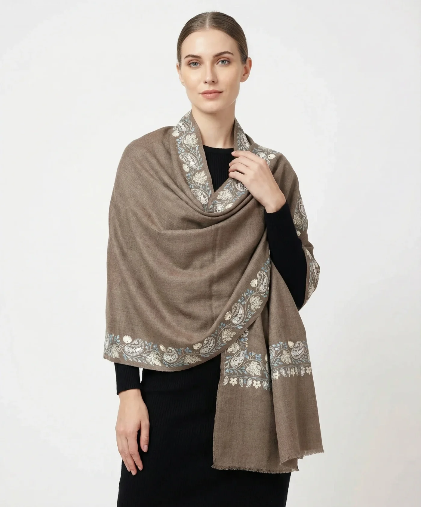 Beige Pashmina Cashmere Shawl With Aari Hand Embroidery - Image 6