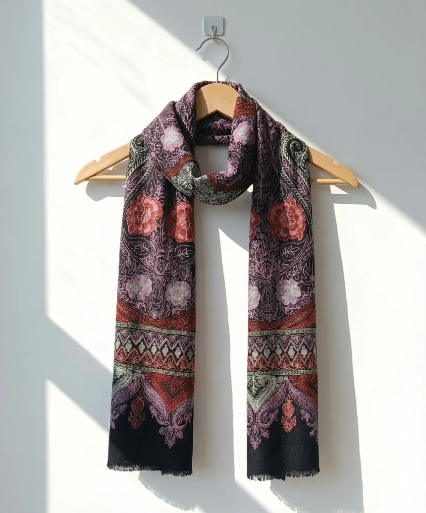 Handmade Black Pashmina Cashmere Jamawar Stole With Floral Aari Embroidery