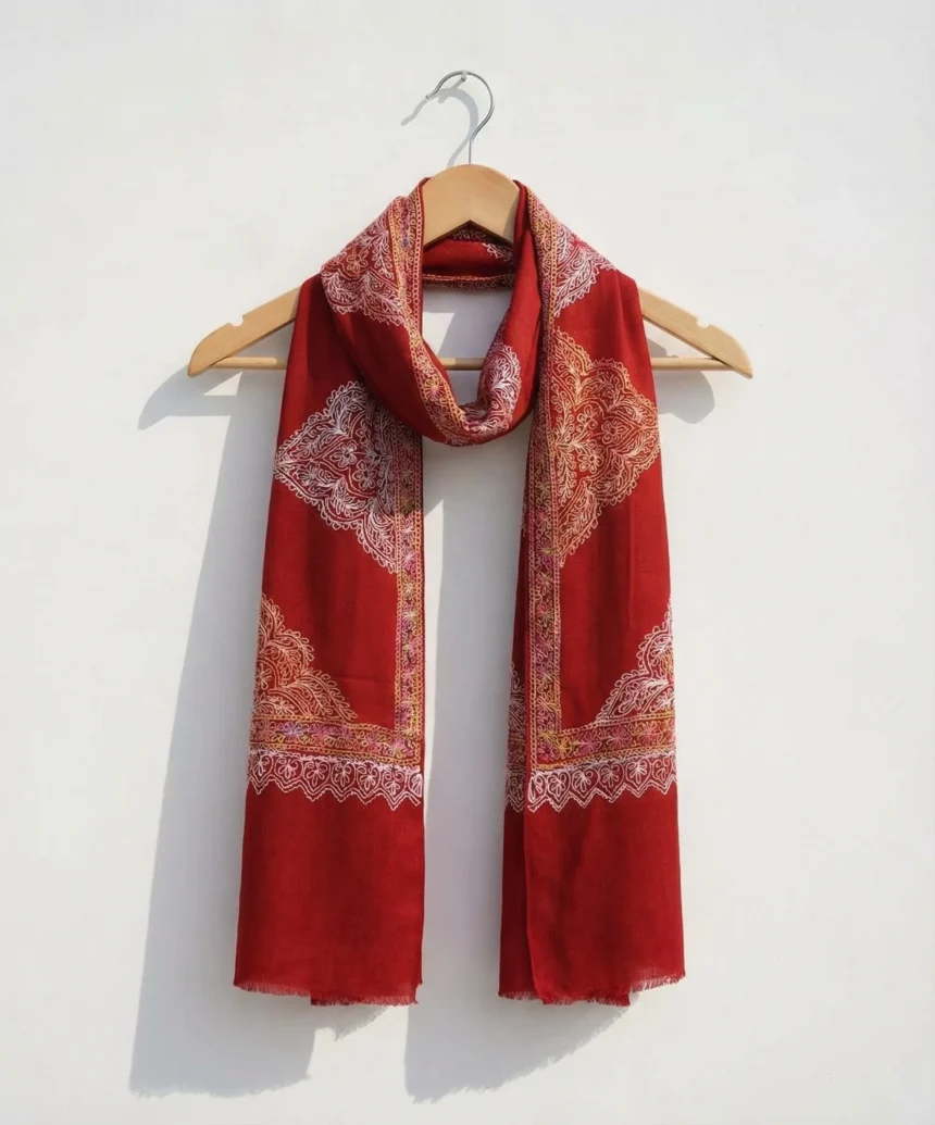 Handmade Red Pashmina Cashmere Stole With Floral Aari Embroidery