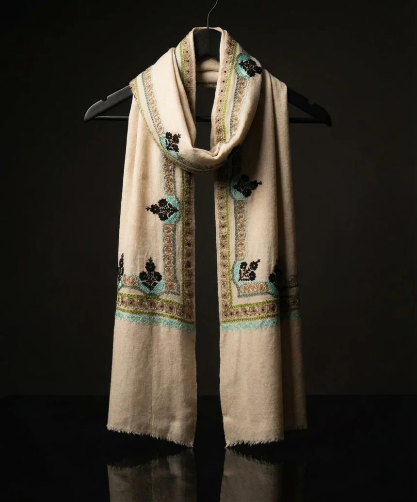 White Pashmina Cashmere Stole With Floral Aari Work and Zari Embroidery