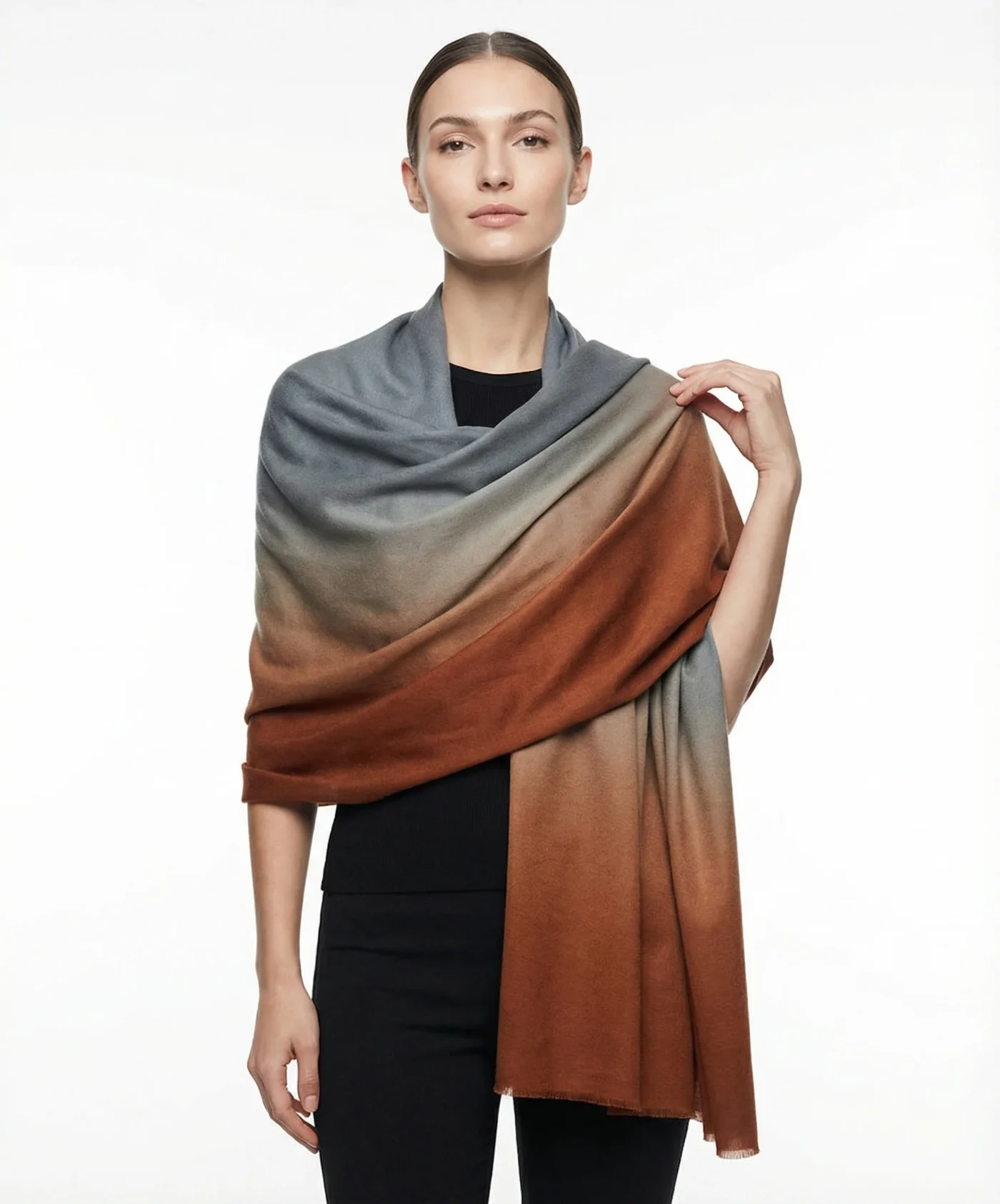 Ombre Pashmina Cashmere Shawl in Stale Grey and Rust Brown - Image 5