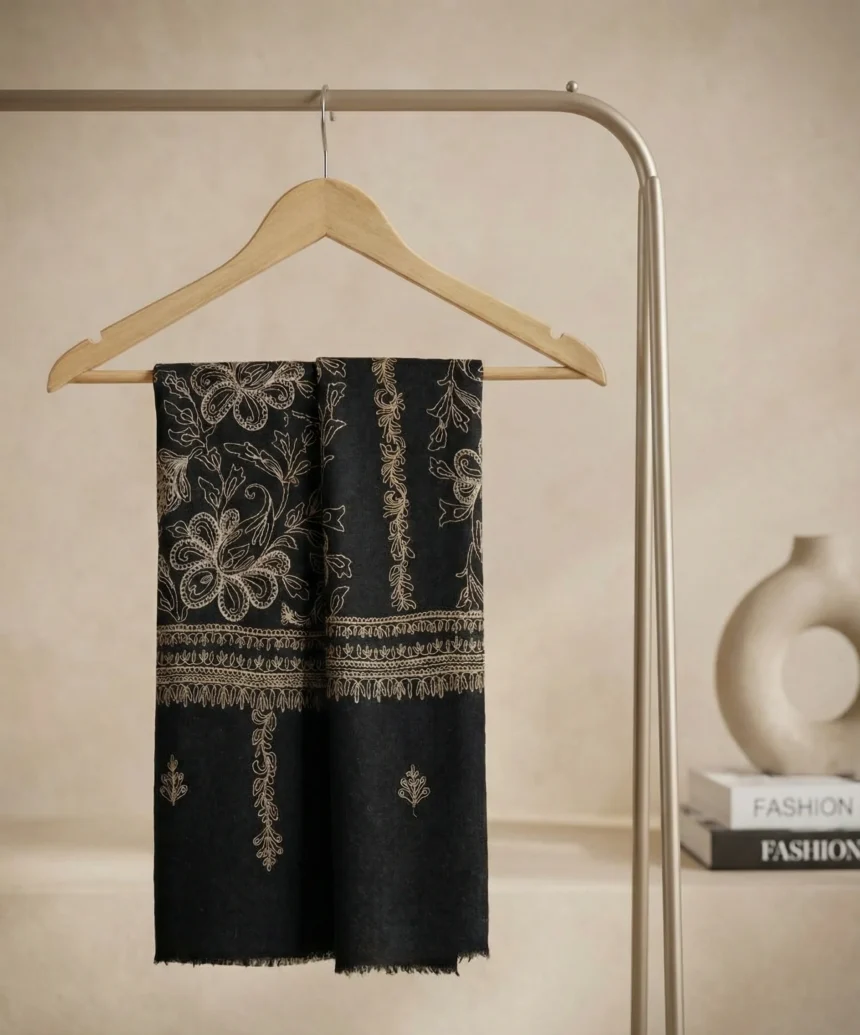 Black Pashmina Cashmere Stole With Zari Embroidery in Jaal pattern