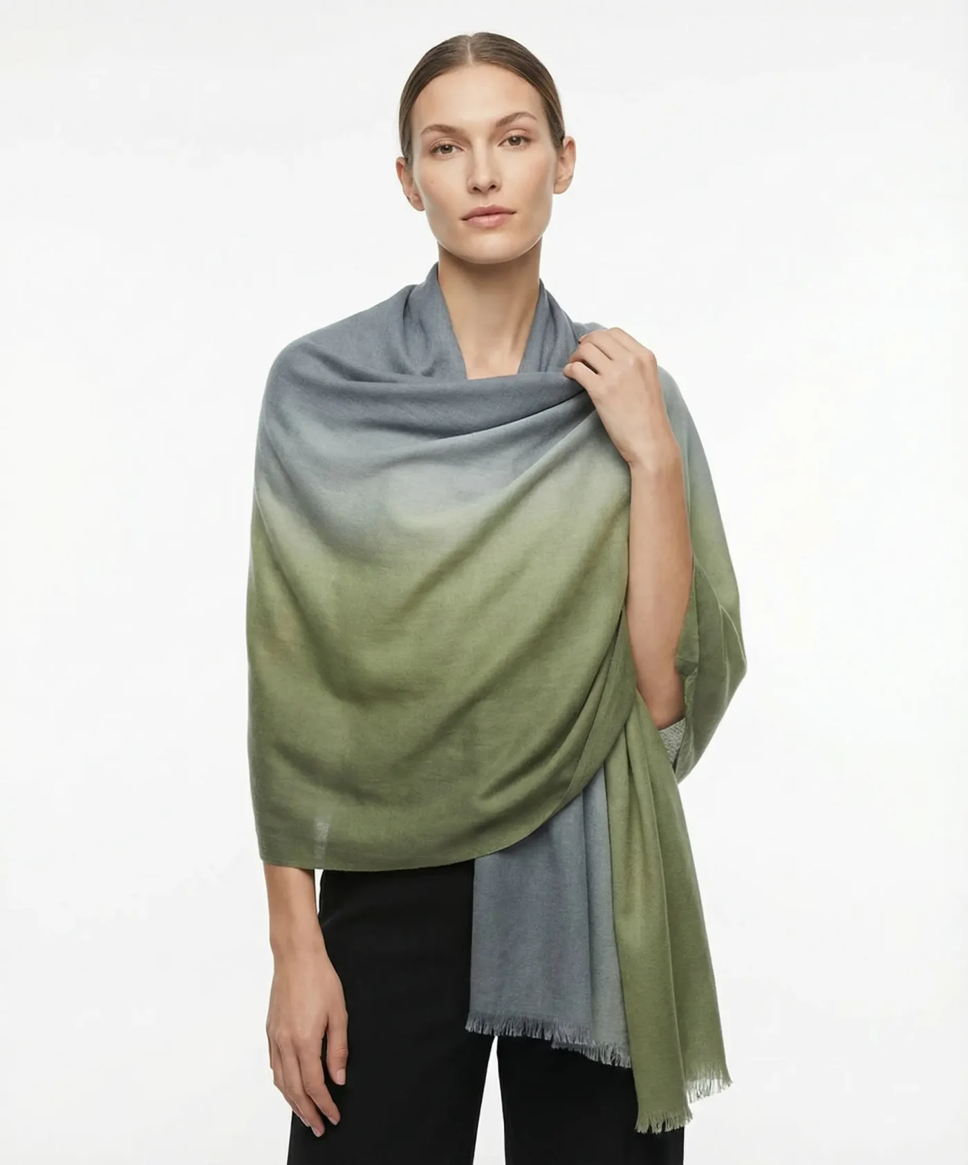 Ombre Pashmina Cashmere Shawl in Lime Green and Stale Grey - Image 2