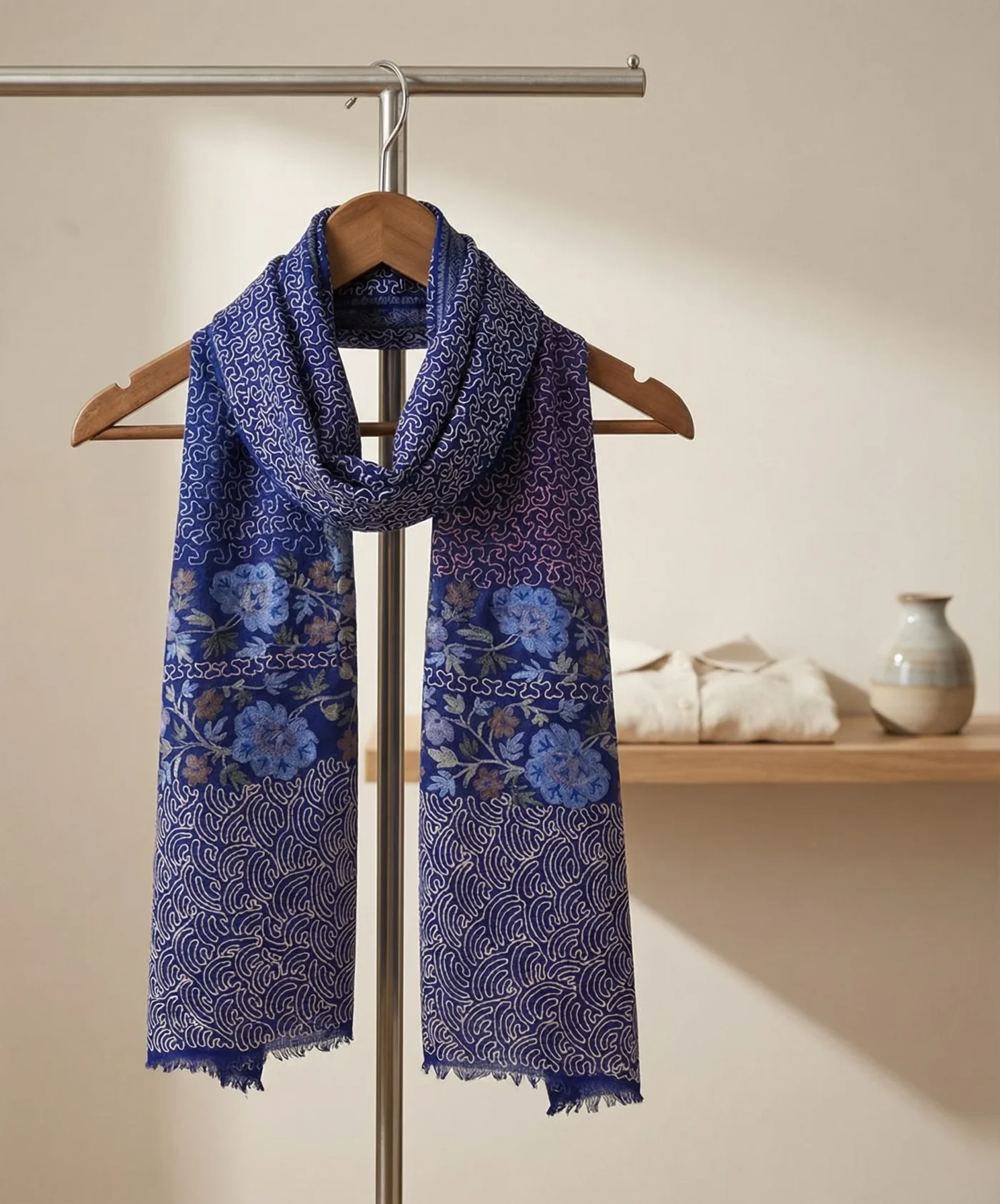 Blue Pashmina Cashmere Scarf With Aari Hand Embroidery - Image 2