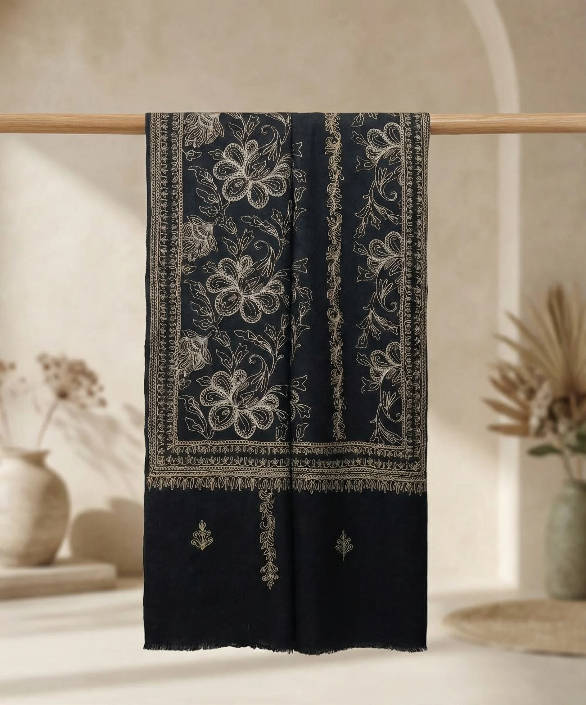 Black Pashmina Cashmere Stole With Zari Embroidery in Jaal pattern - Image 7