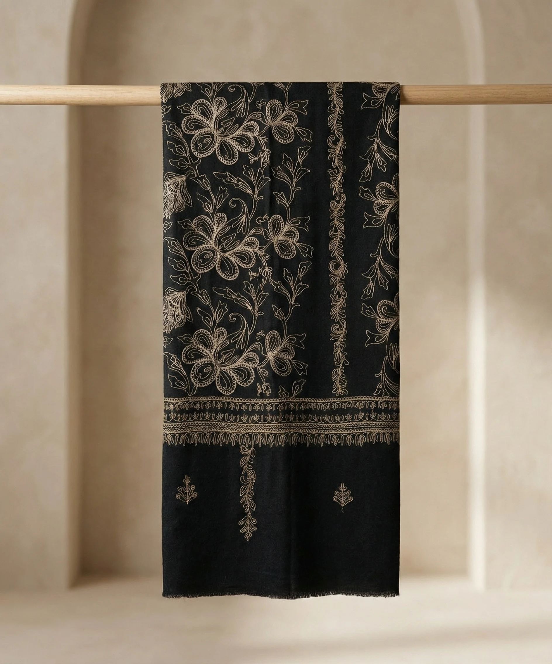 Black Pashmina Cashmere Stole With Zari Embroidery in Jaal pattern - Image 8