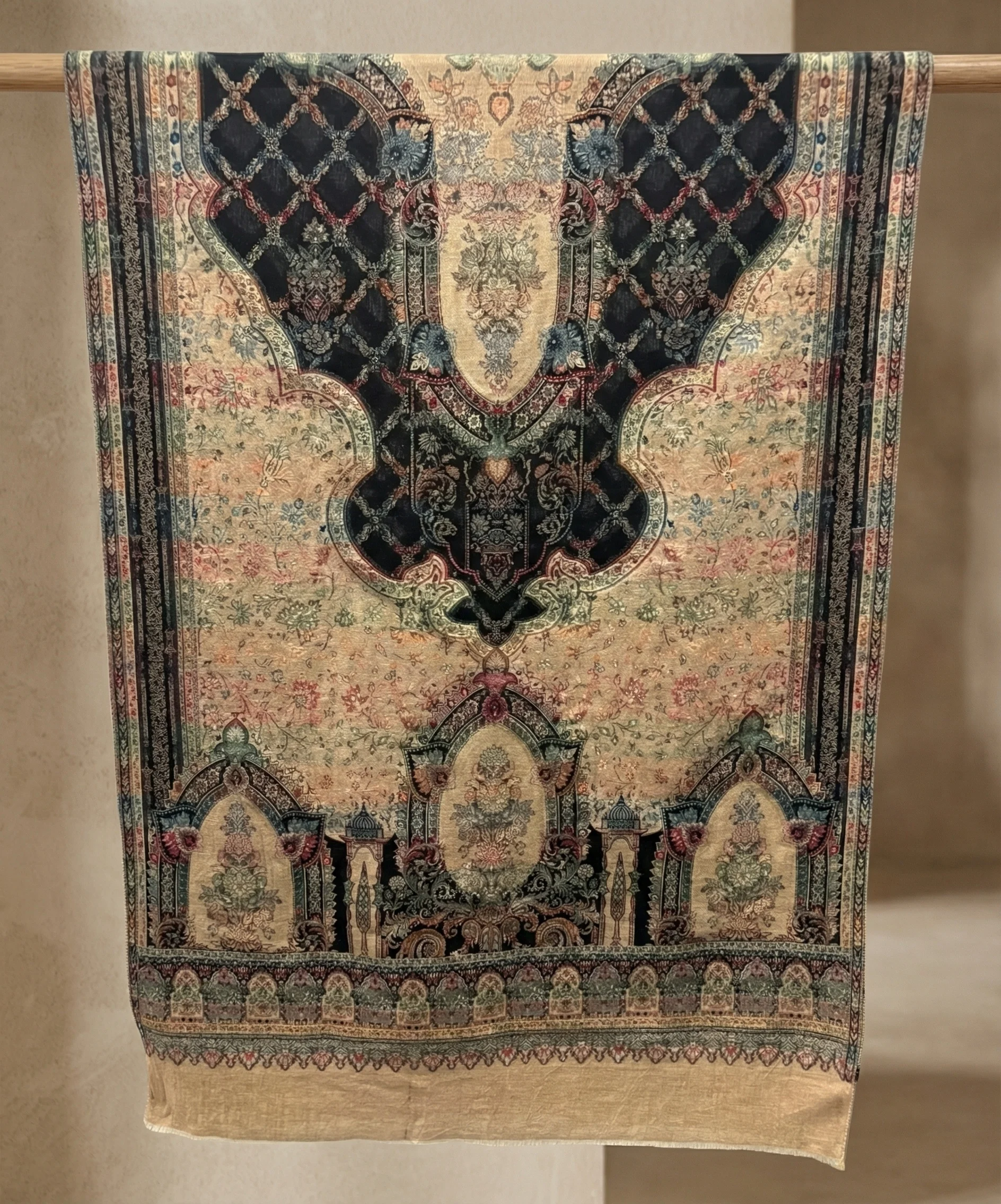 Beige and black Pashmina Cashmere Stole With Zari Embroaidery and Kani Weave - Image 5