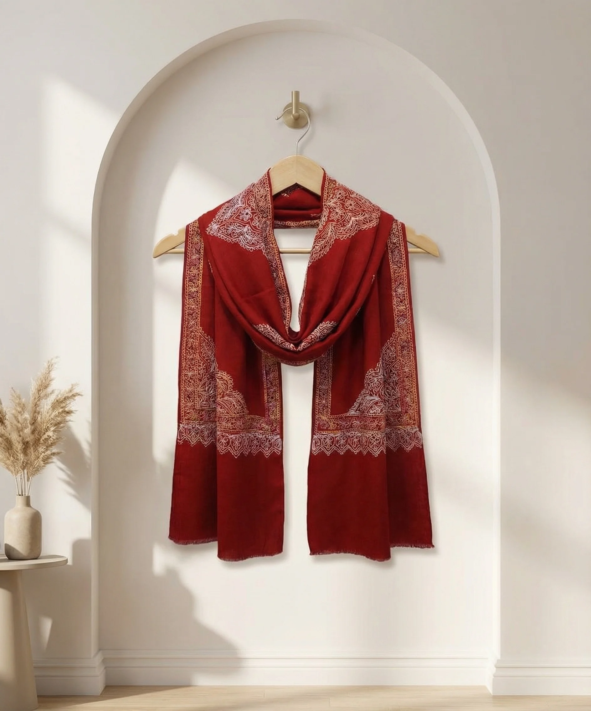 Handmade Red Pashmina Cashmere Stole With Floral Aari Embroidery - Image 3