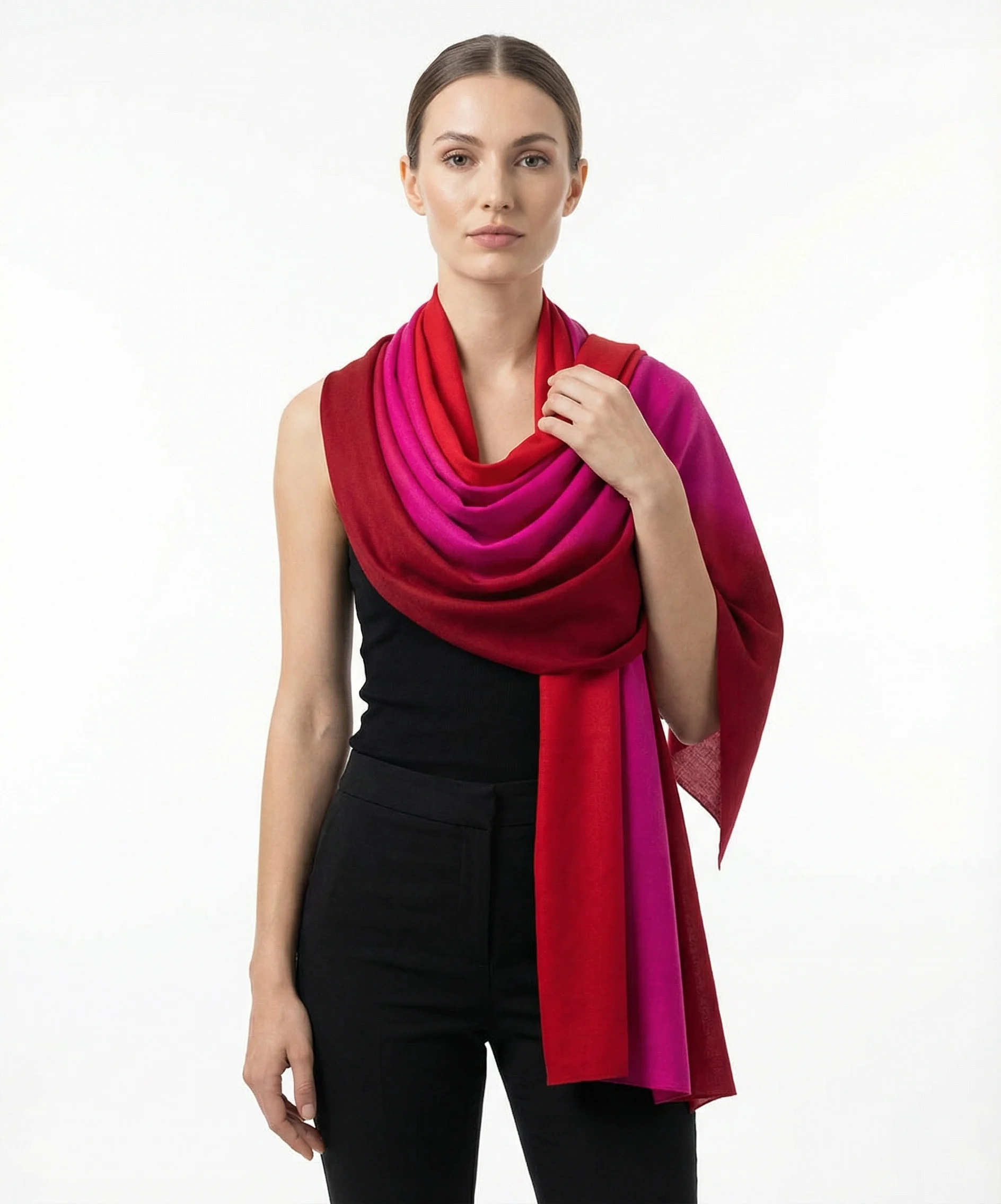 Ombre Pashmina Cashmere Shawl in Cherry Red and Fuchsia Pink - Image 4