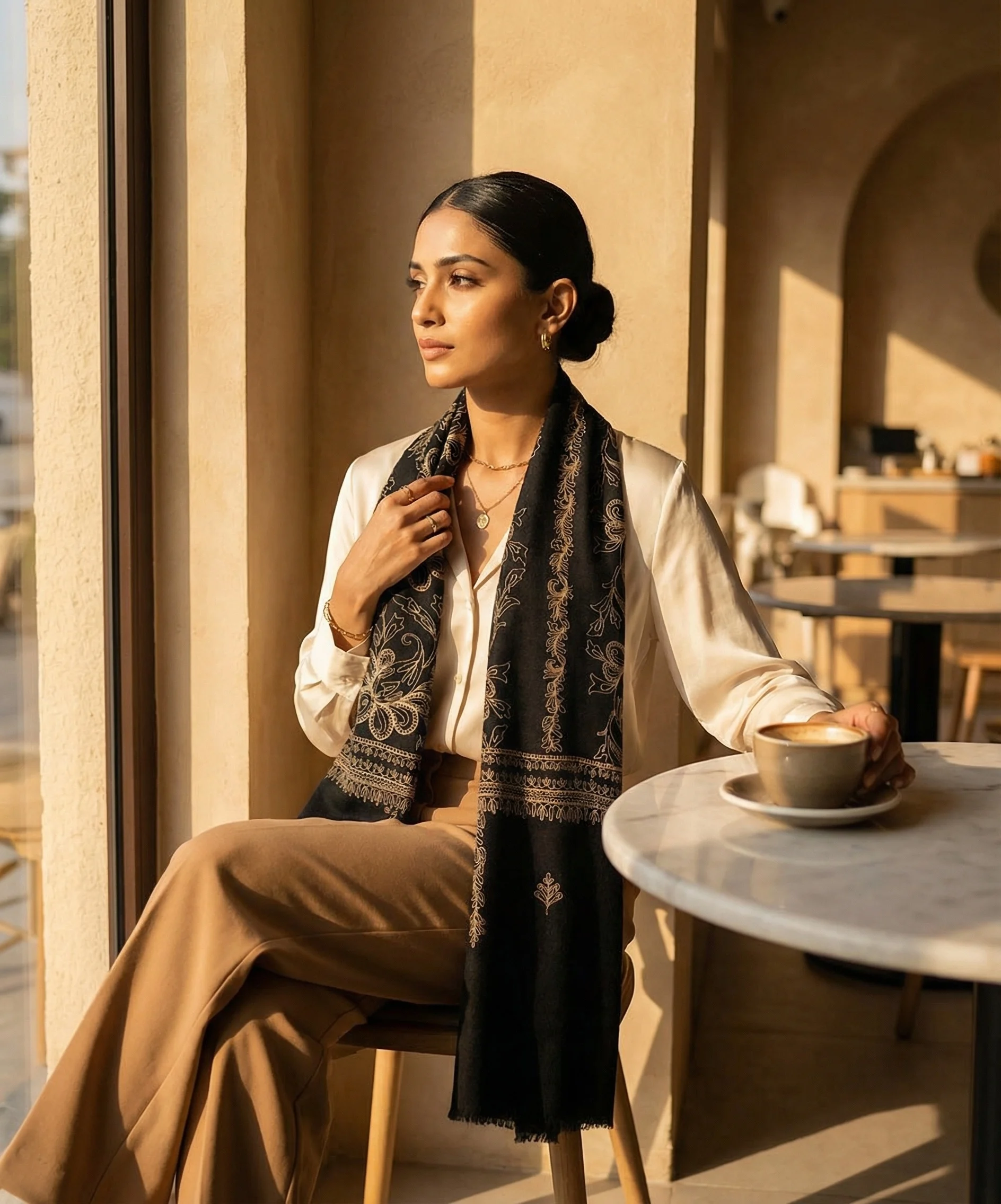 Black Pashmina Cashmere Stole With Zari Embroidery in Jaal pattern - Image 4