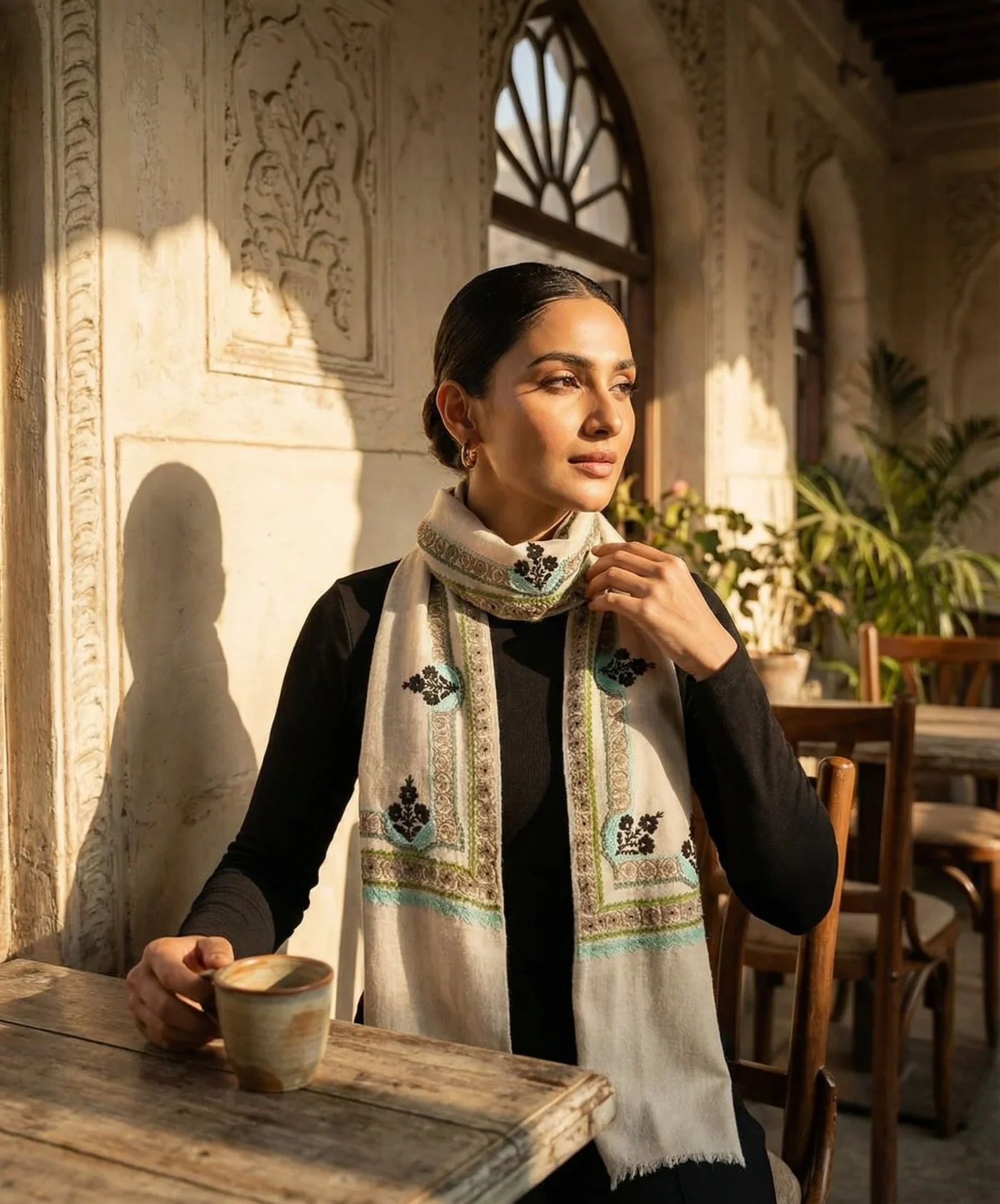 White Pashmina Cashmere Stole With Floral Aari Work and Zari Embroidery - Image 5