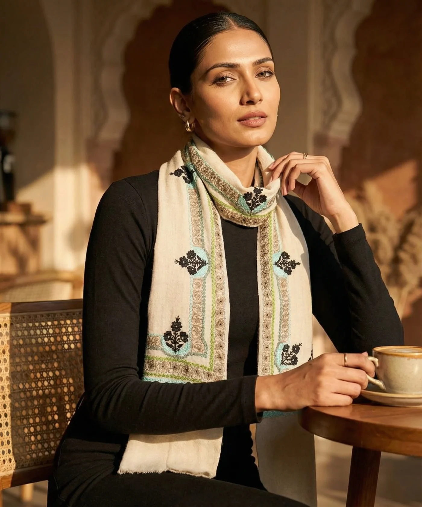 White Pashmina Cashmere Stole With Floral Aari Work and Zari Embroidery - Image 3
