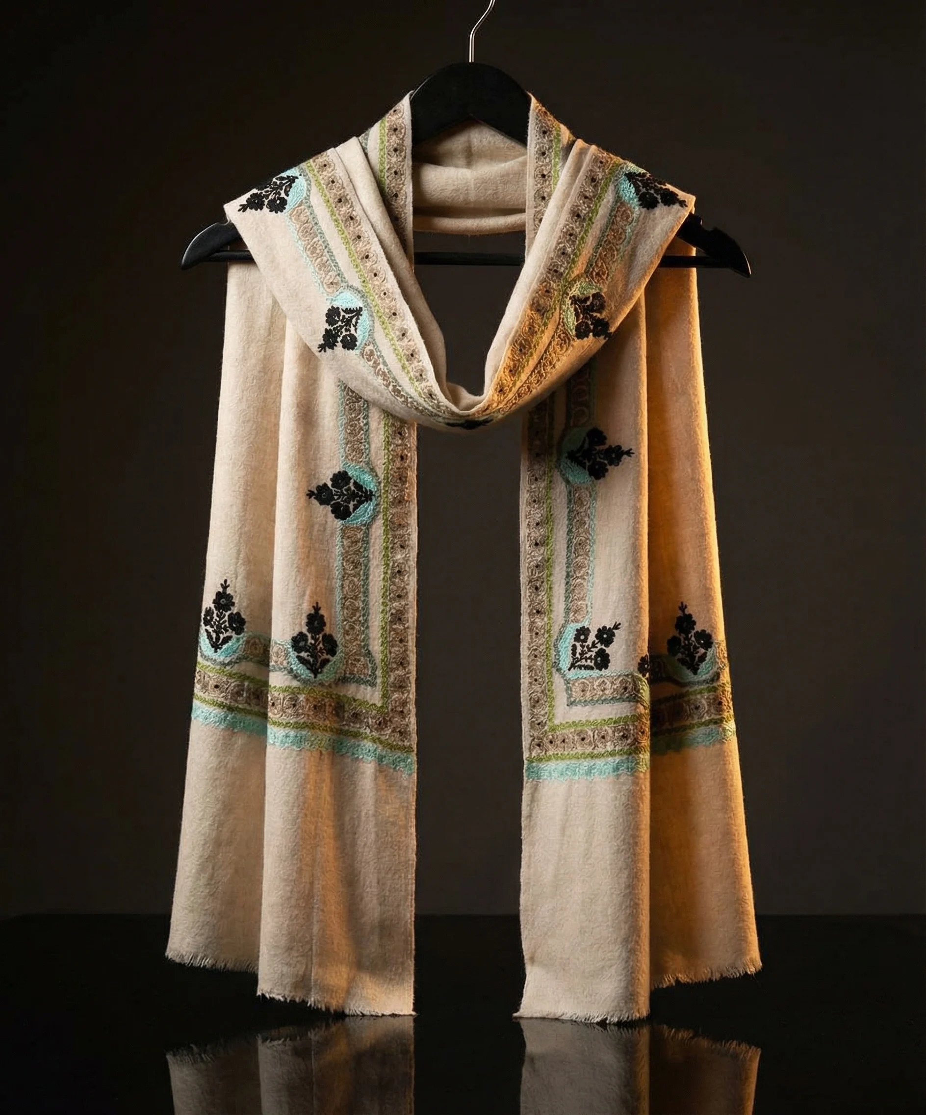 White Pashmina Cashmere Stole With Floral Aari Work and Zari Embroidery - Image 4