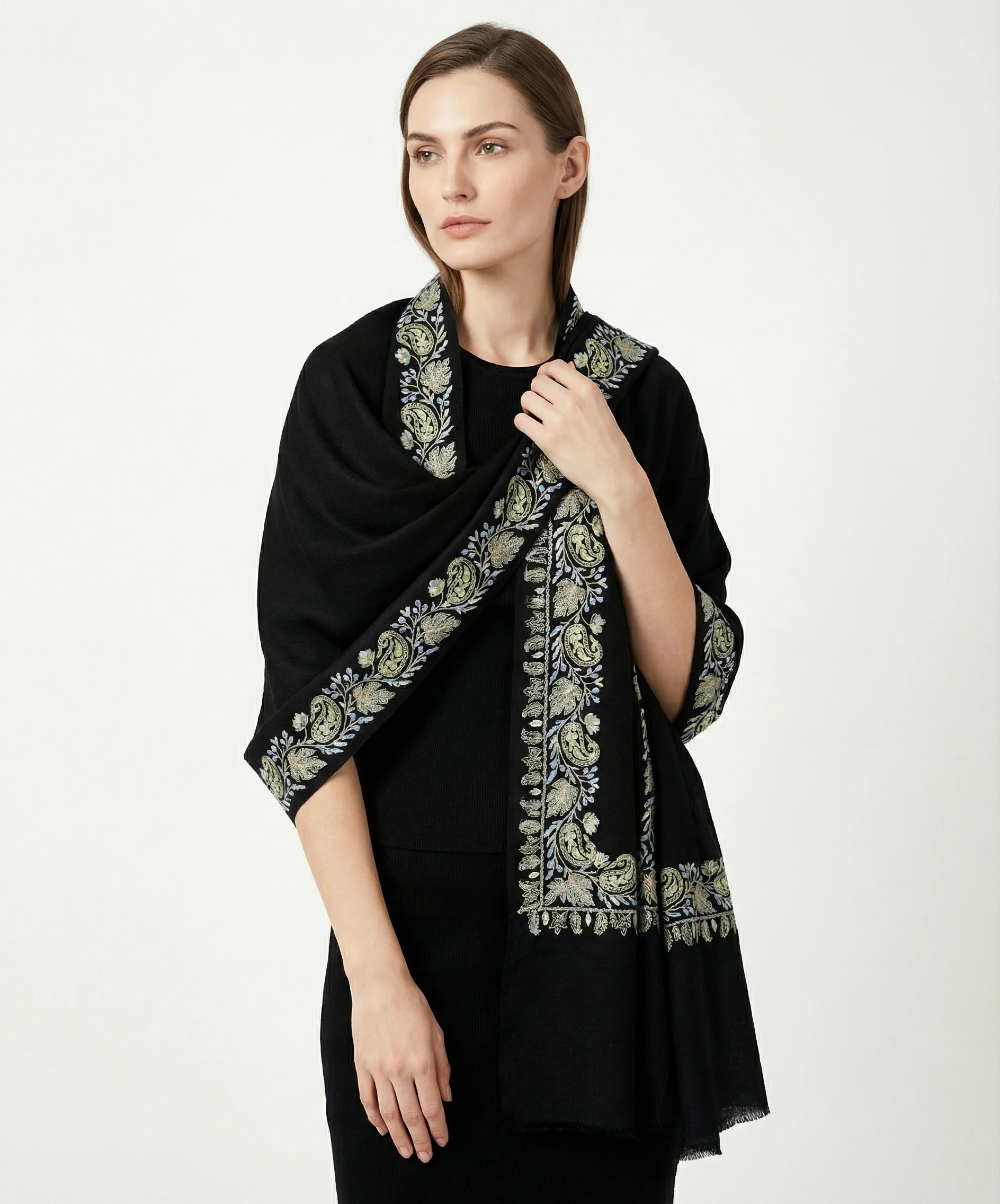 Black Pashmina Cashmere Shawl With Aari Hand Embroidery - Image 5