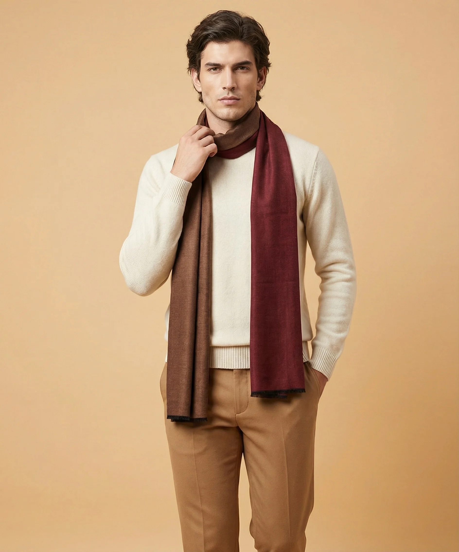 Reversible Beige and Red  Pashmina Cashmere Scarf - Image 8