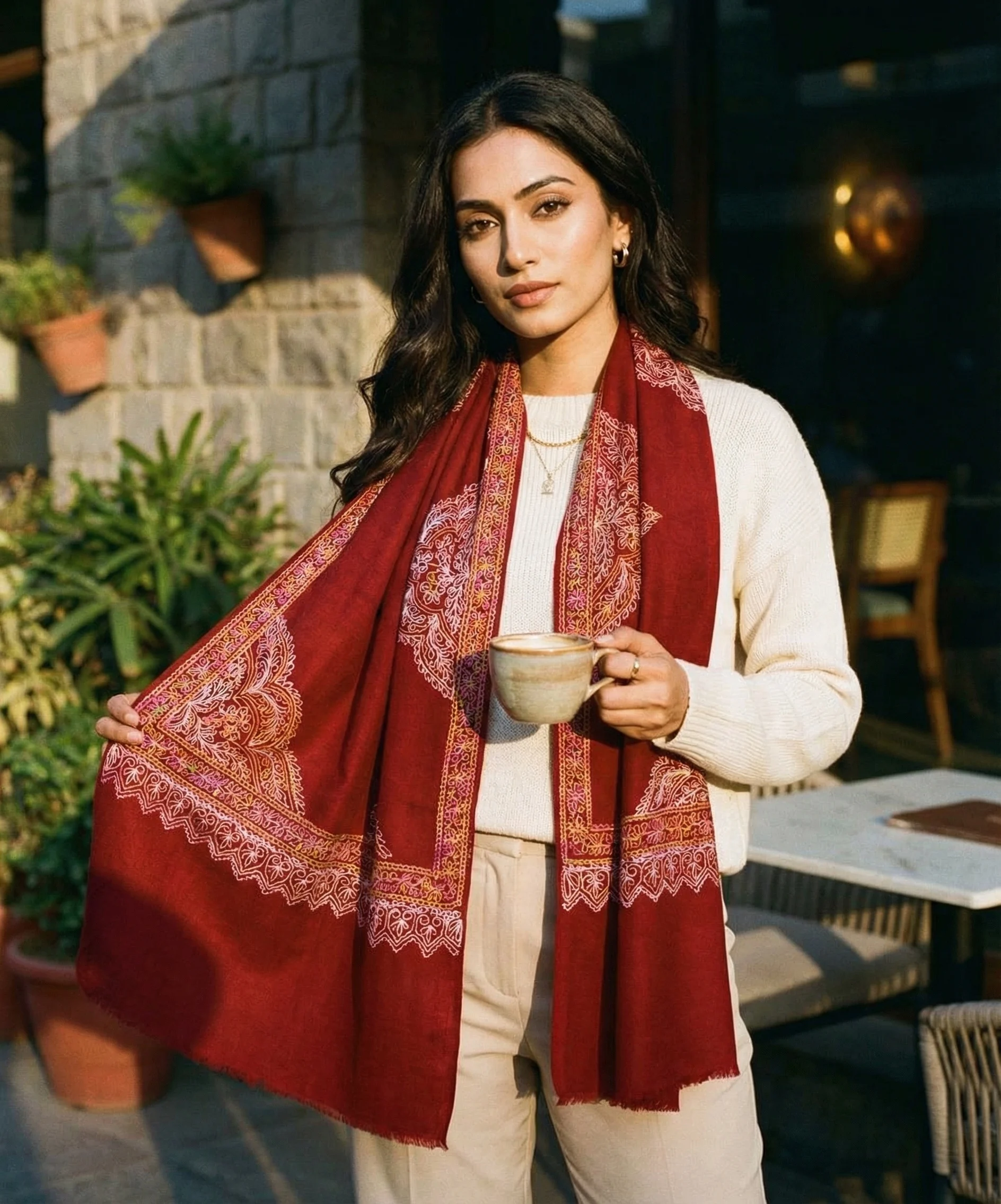 Handmade Red Pashmina Cashmere Stole With Floral Aari Embroidery - Image 5