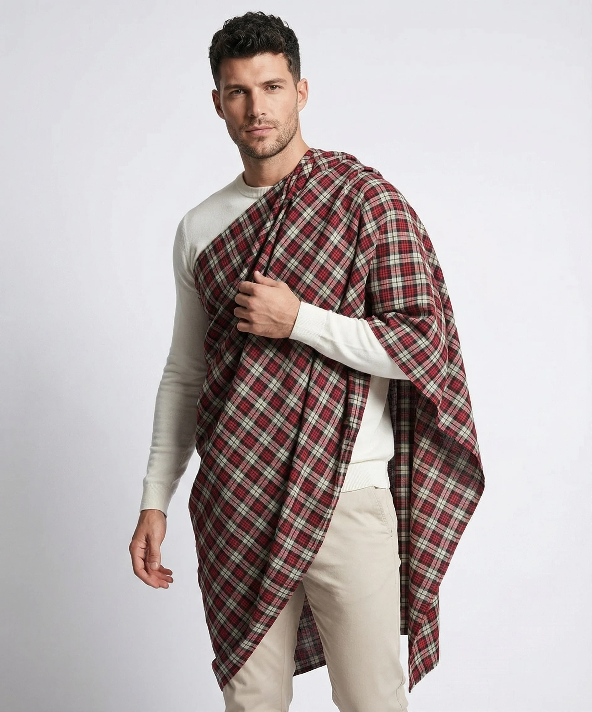 Red Tartan Check Men’s Pashmina Cashmere Shawl - Image 3