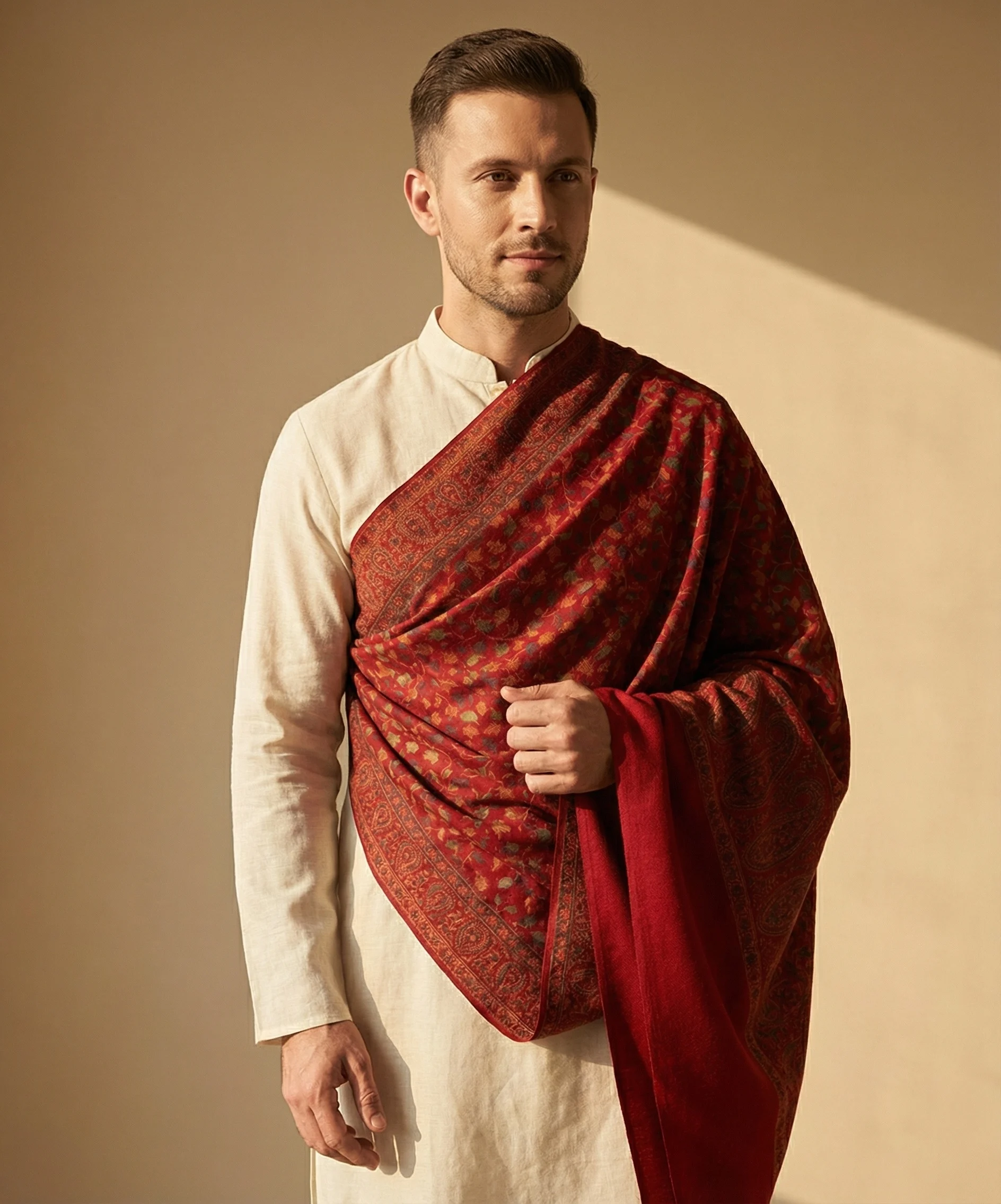 Men’s Red Pashmina Cashmere Shawl With Kani Weave - Image 3