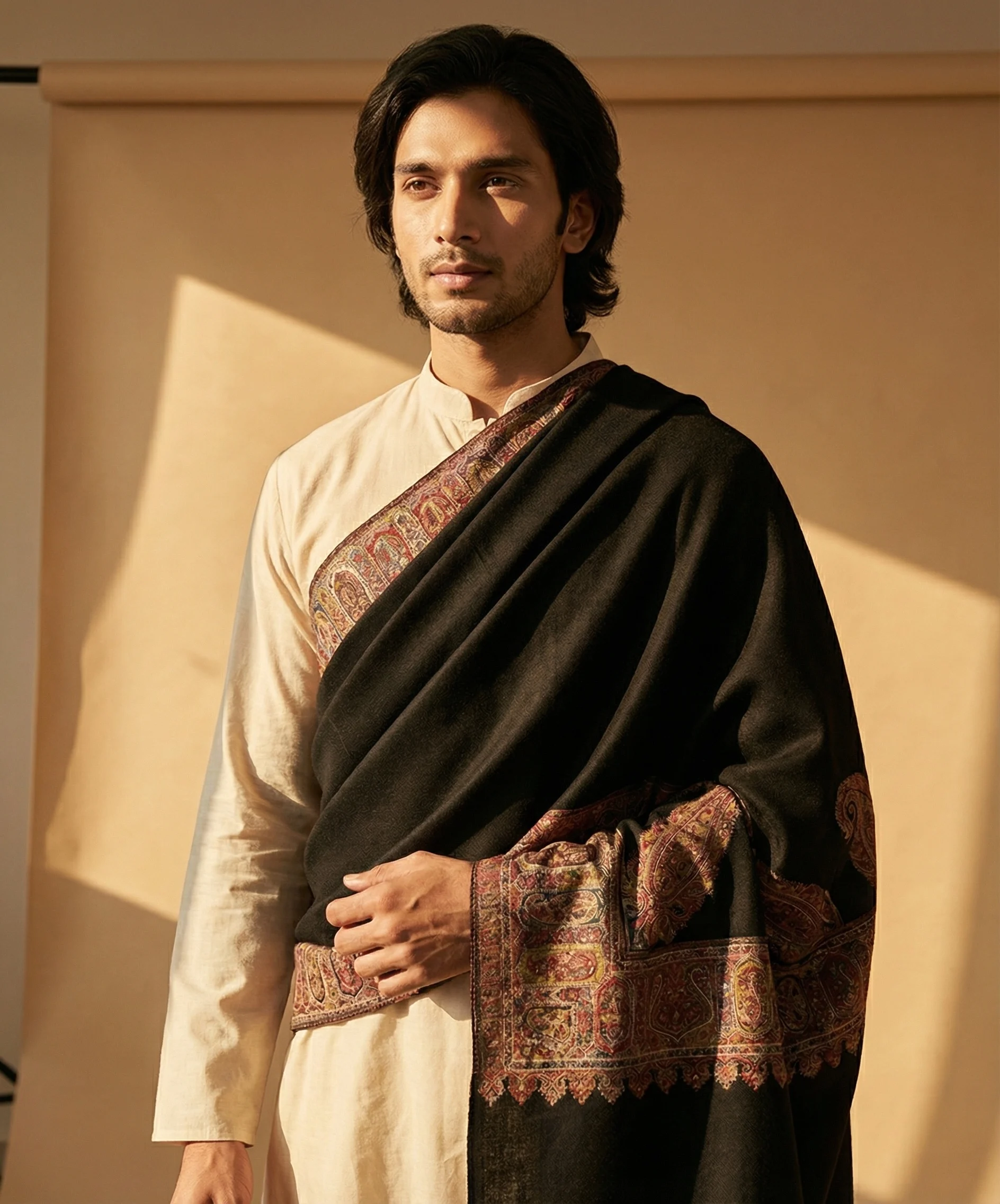 Black Men’s Pashmina Cashmere Shawl With Kani Embroidery - Image 3