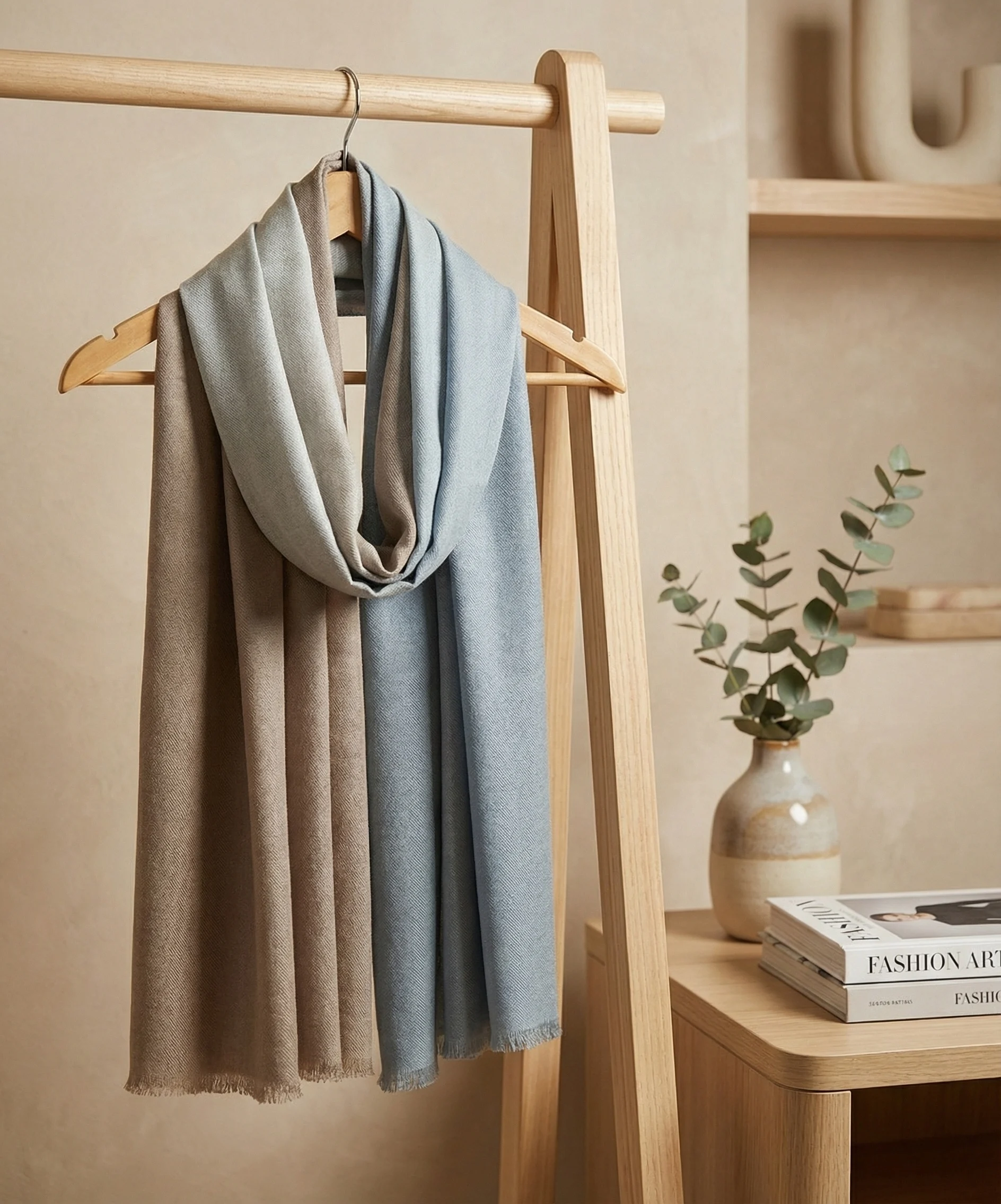 Light Blue and Beige Ombre Pashmina Cashmere Scarf - Image 2