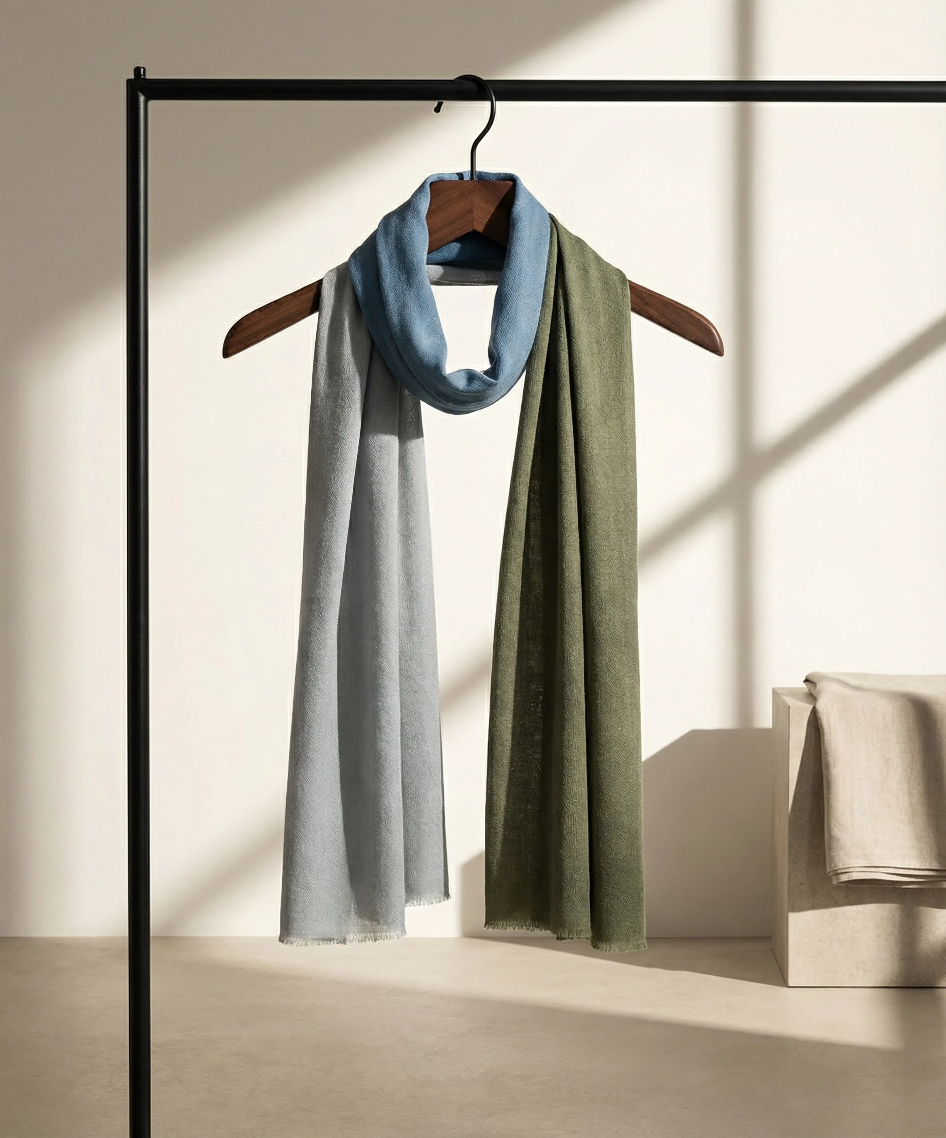 Light Blue and Olive Ombre Pashmina Cashmere Scarf - Image 2