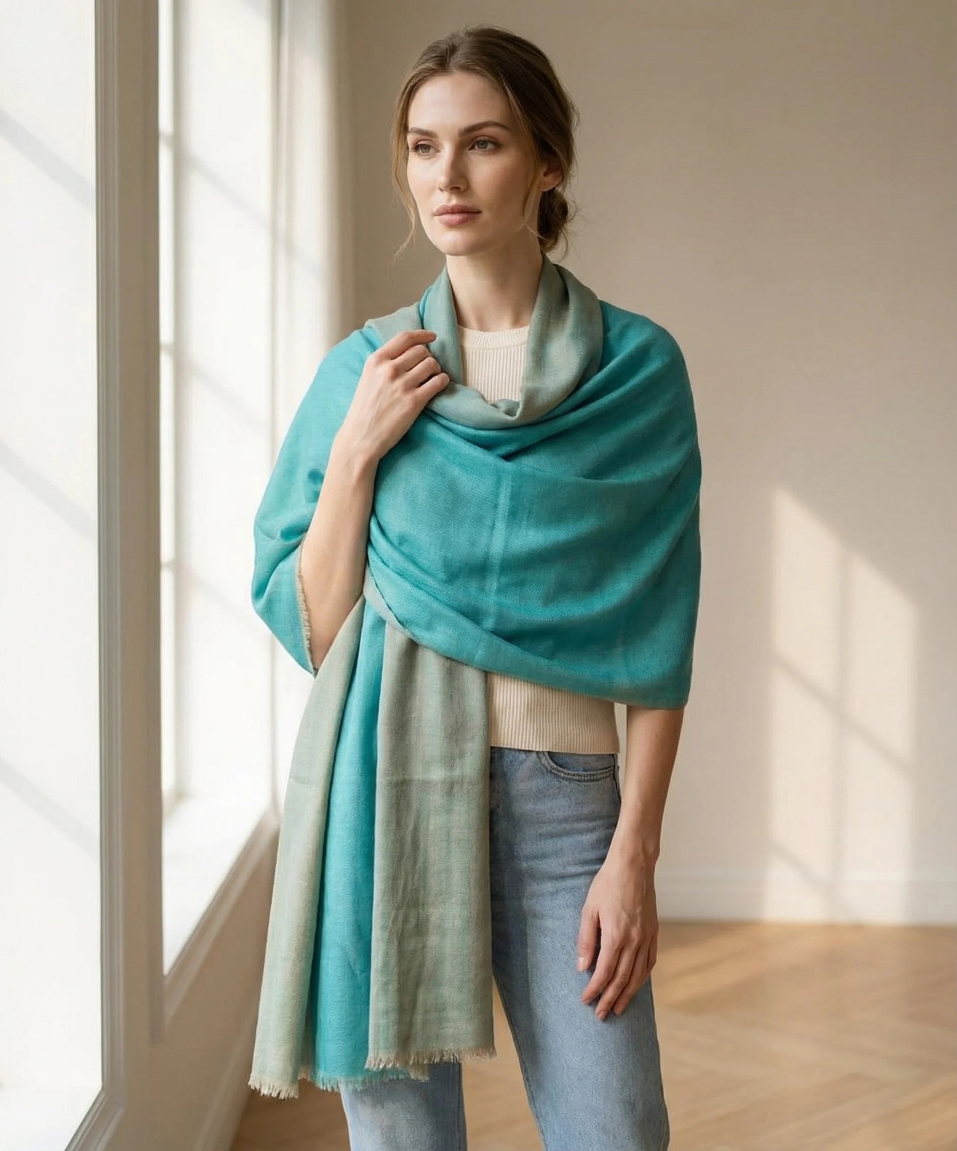 Reversible Turquoise and Grey Zari  Pashmina Cashmere Stole - Image 4