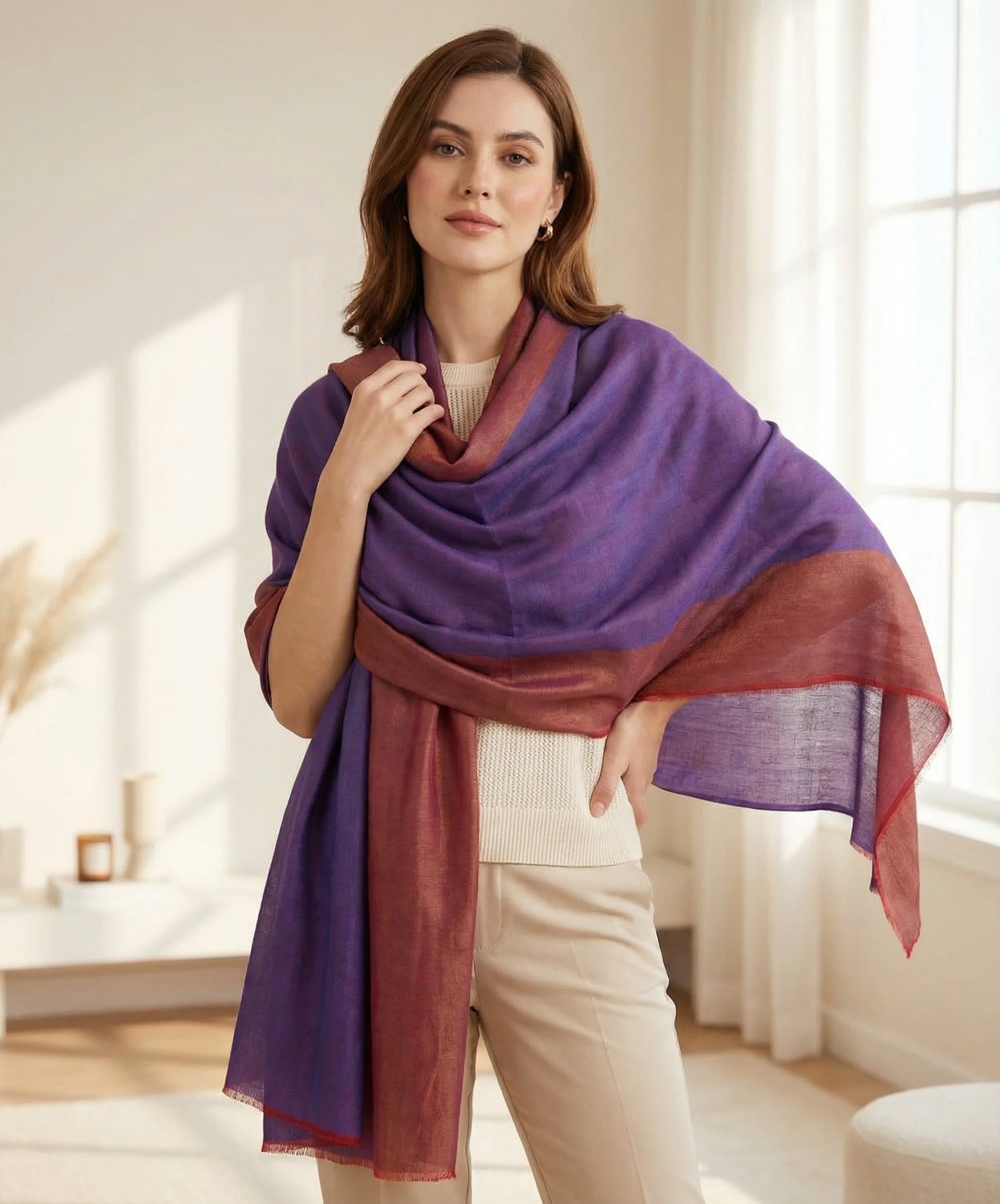 Reversible Aubergine and Pink Zari  Pashmina Cashmere Stole - Image 4