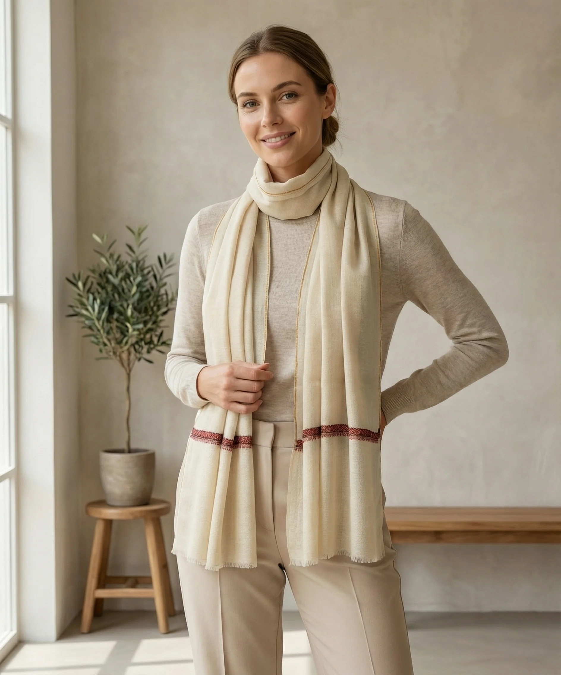 White Pashmina Cashmere Scarf With Hashidar Hand Embroider - Image 4