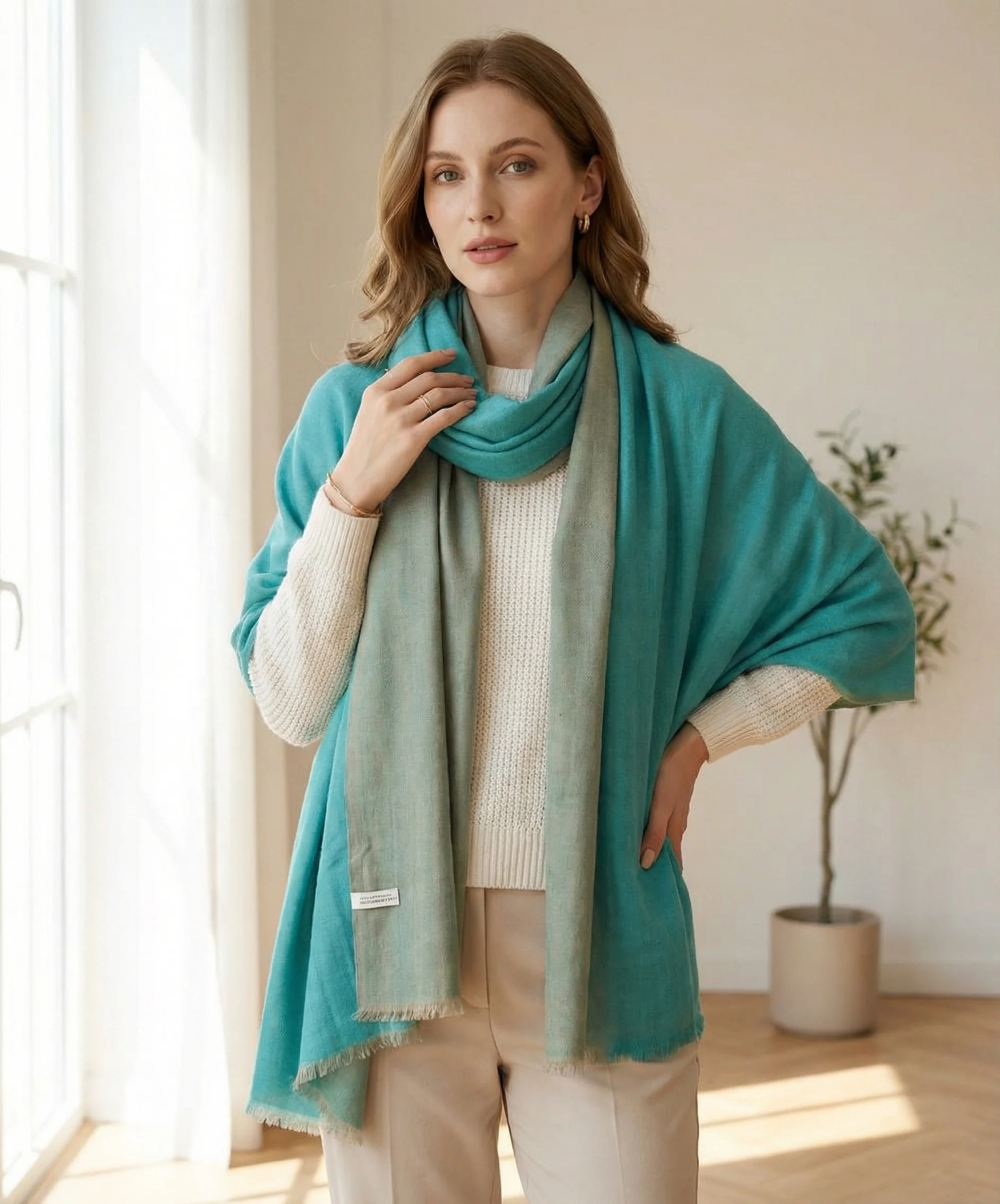 Reversible Turquoise and Grey Zari  Pashmina Cashmere Stole - Image 5