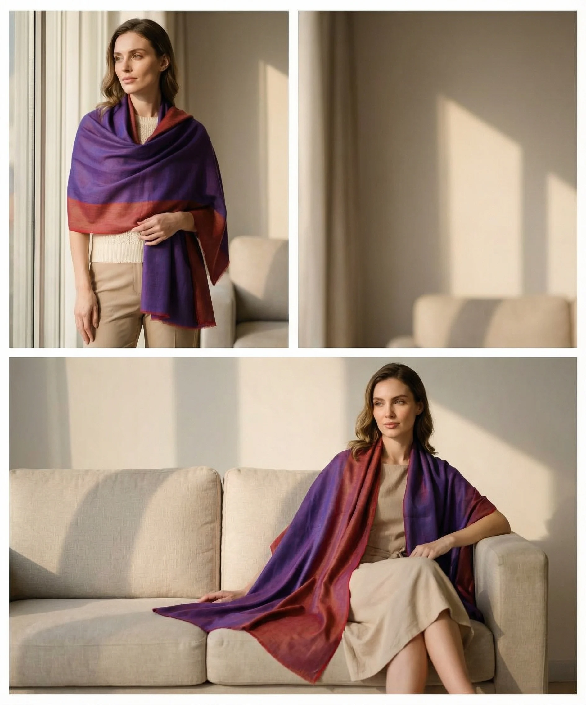 Reversible Aubergine and Pink Zari  Pashmina Cashmere Stole - Image 5