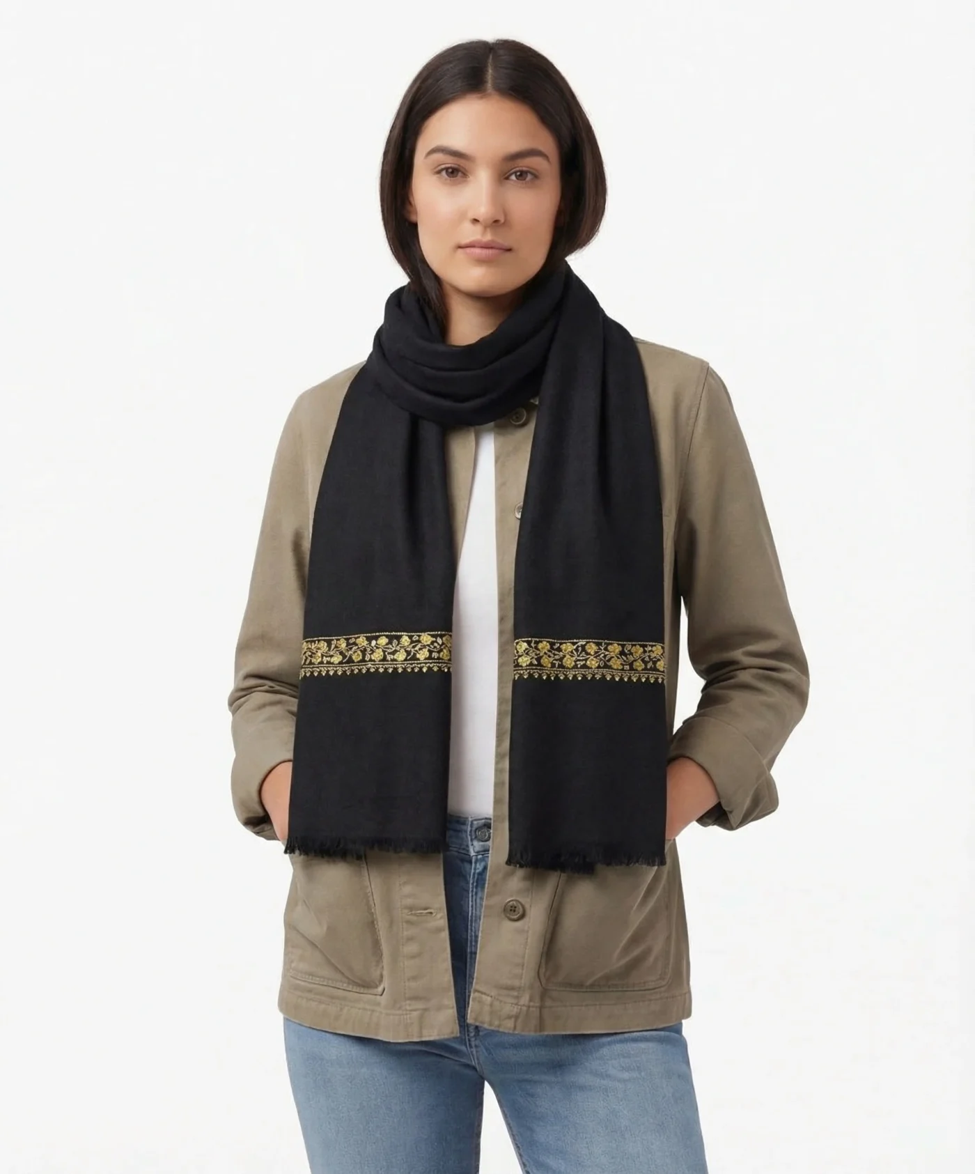 Black Pashmina Cashmere Scarf With Hashidar Hand Embroidery - Image 3