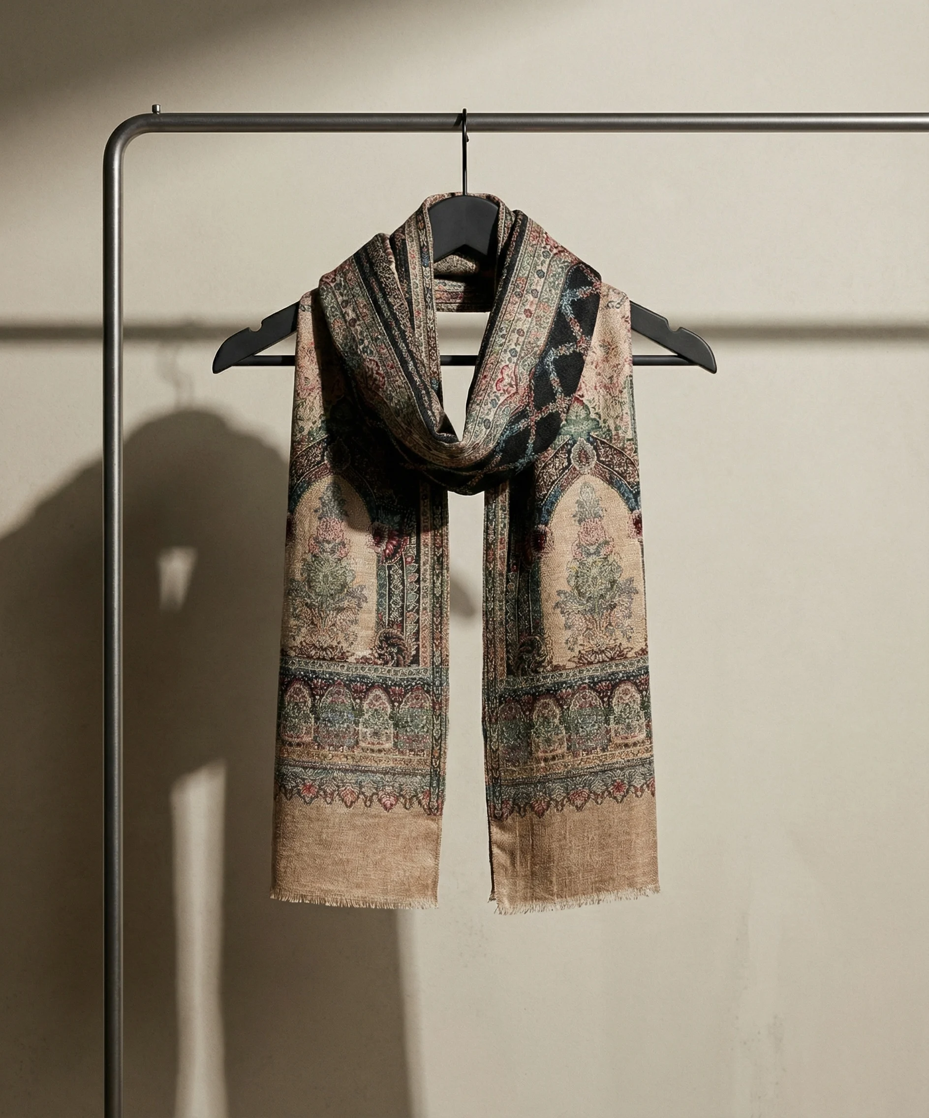 Beige and black Pashmina Cashmere Stole With Zari Embroaidery and Kani Weave - Image 2