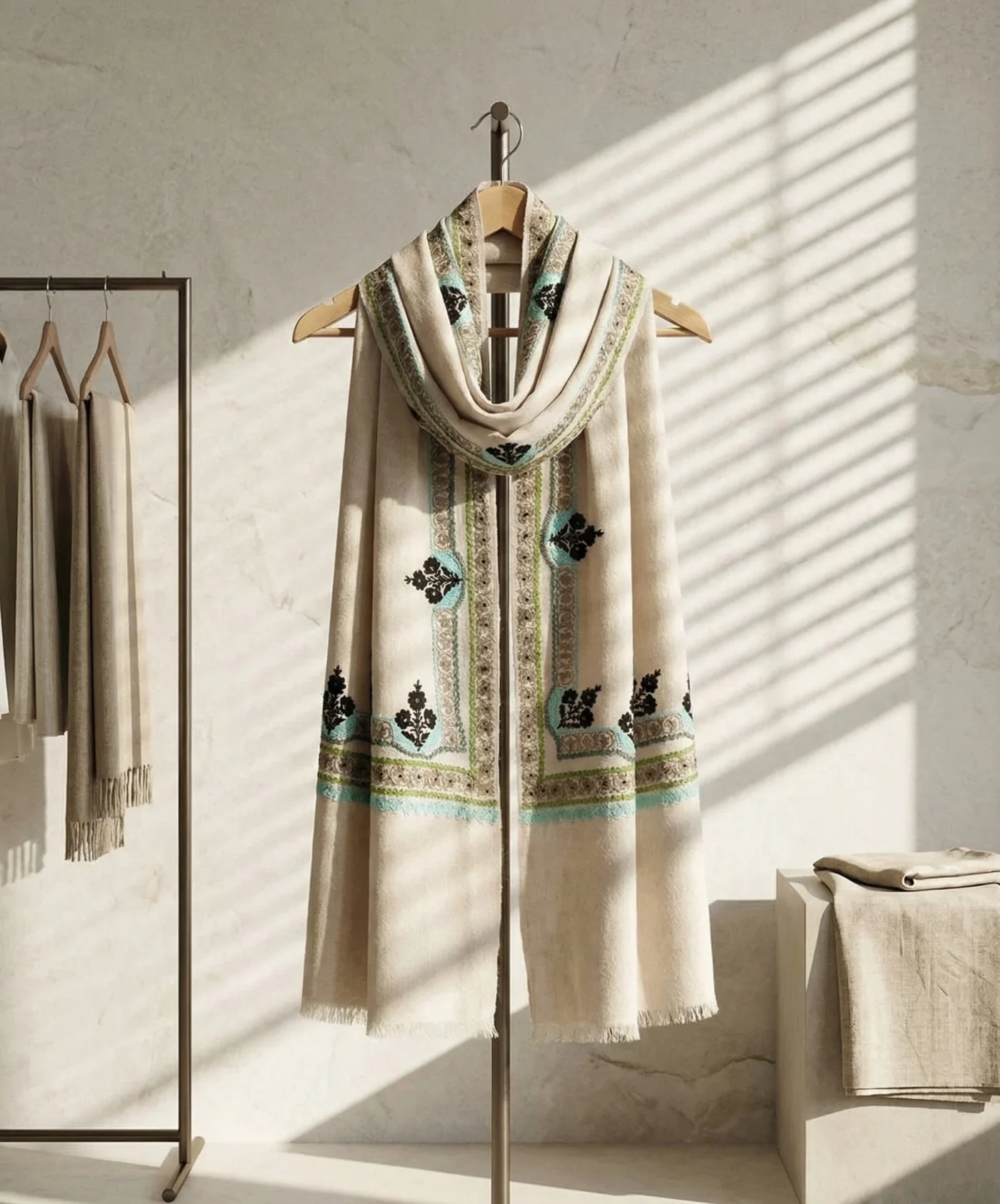 White Pashmina Cashmere Stole With Floral Aari Work and Zari Embroidery - Image 7
