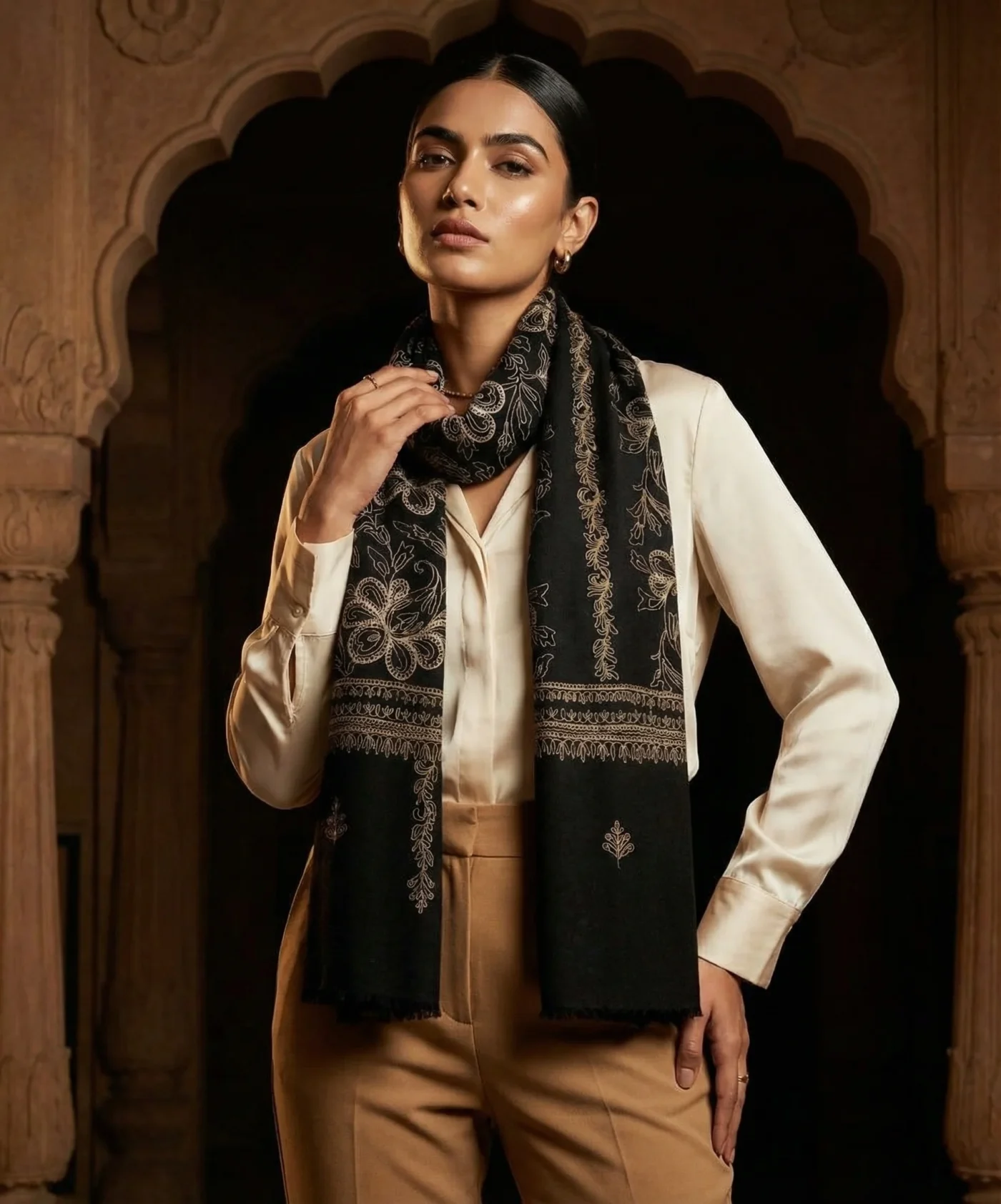 Black Pashmina Cashmere Stole With Zari Embroidery in Jaal pattern - Image 6