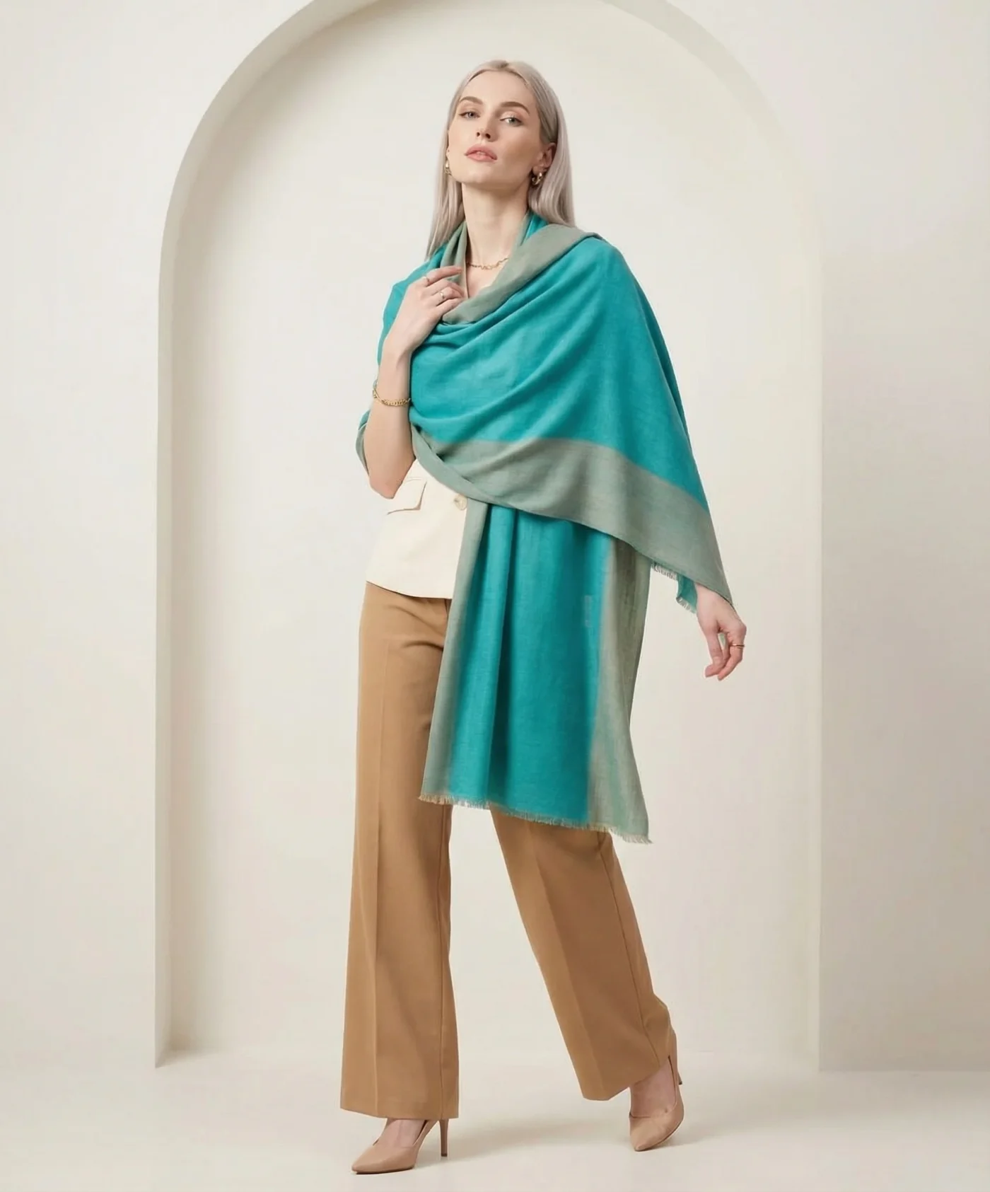 Reversible Turquoise and Grey Zari  Pashmina Cashmere Stole - Image 6