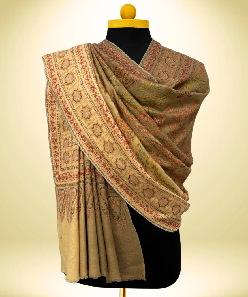 Handmade Pashmina Jamawar Shawl With Sozni Embroidery Mellow Olive