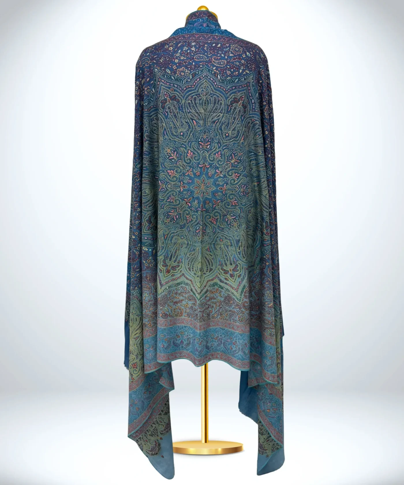 Handmade Pashmina Jamawar Shawl With Sozni Embroidery in Sapphire Blue - Image 2