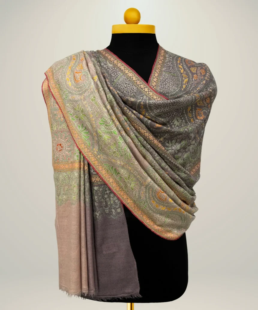 Handmade Pashmina Jamawar Shawl in Slate Grey