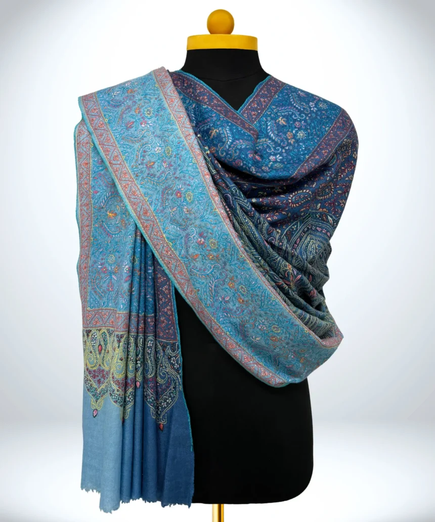 Handmade Pashmina Jamawar Shawl With Sozni Embroidery in Sapphire Blue
