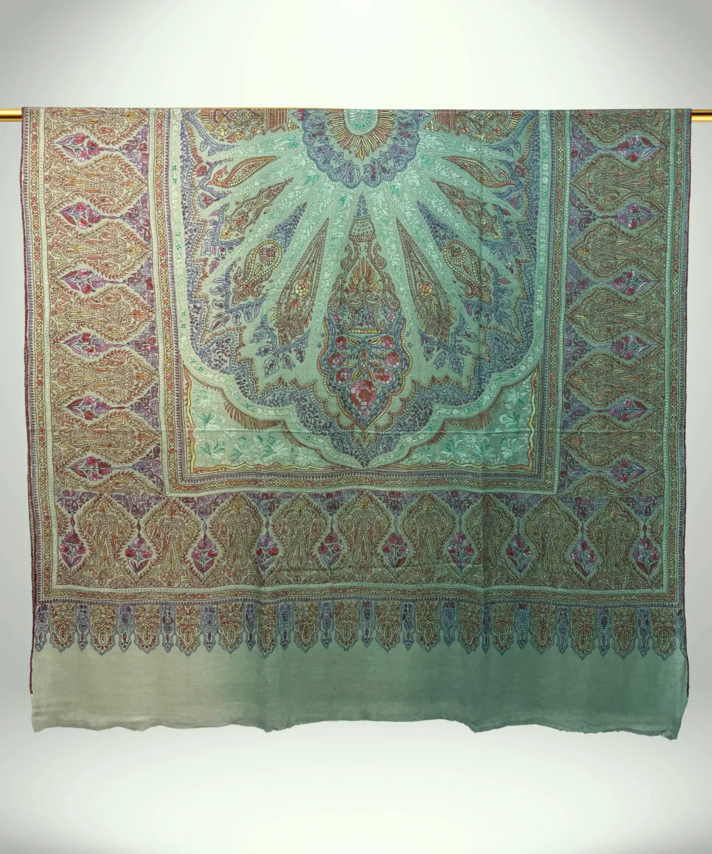 Handmade Pashmina Jamawar Shawl With Sozni Embroidery in Emerald Green - Image 3