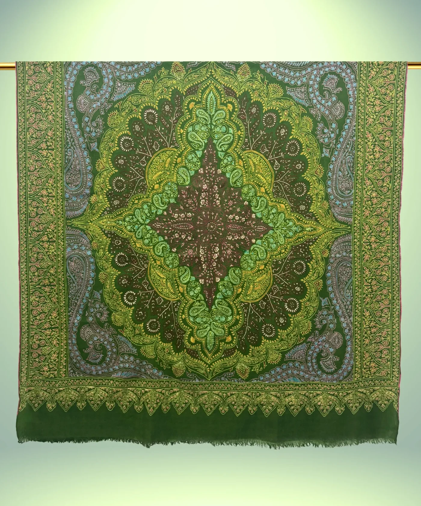Handmade Green Jamawar Sozni Pashmina Shawl - Image 2