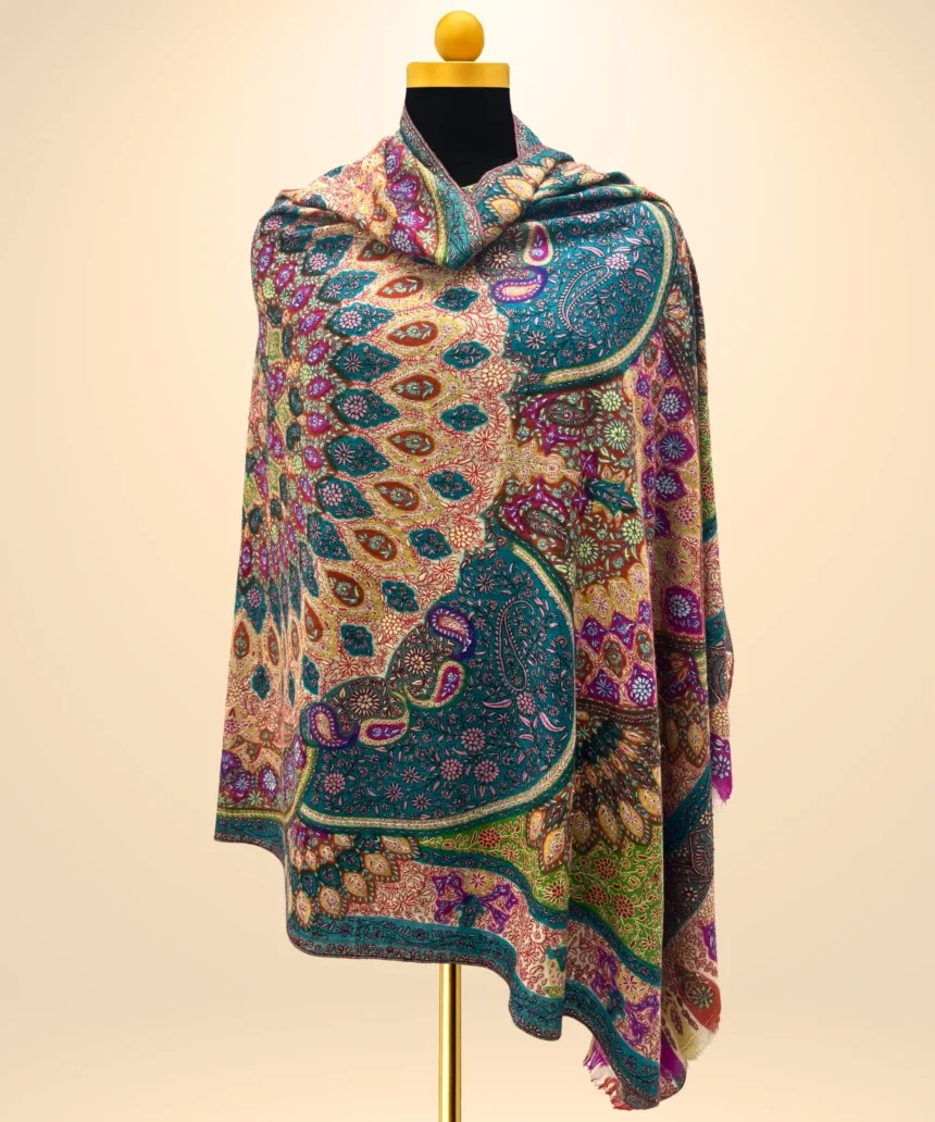 Handmade Pashmina Kalamkari Shawl With Sozni Embroidery