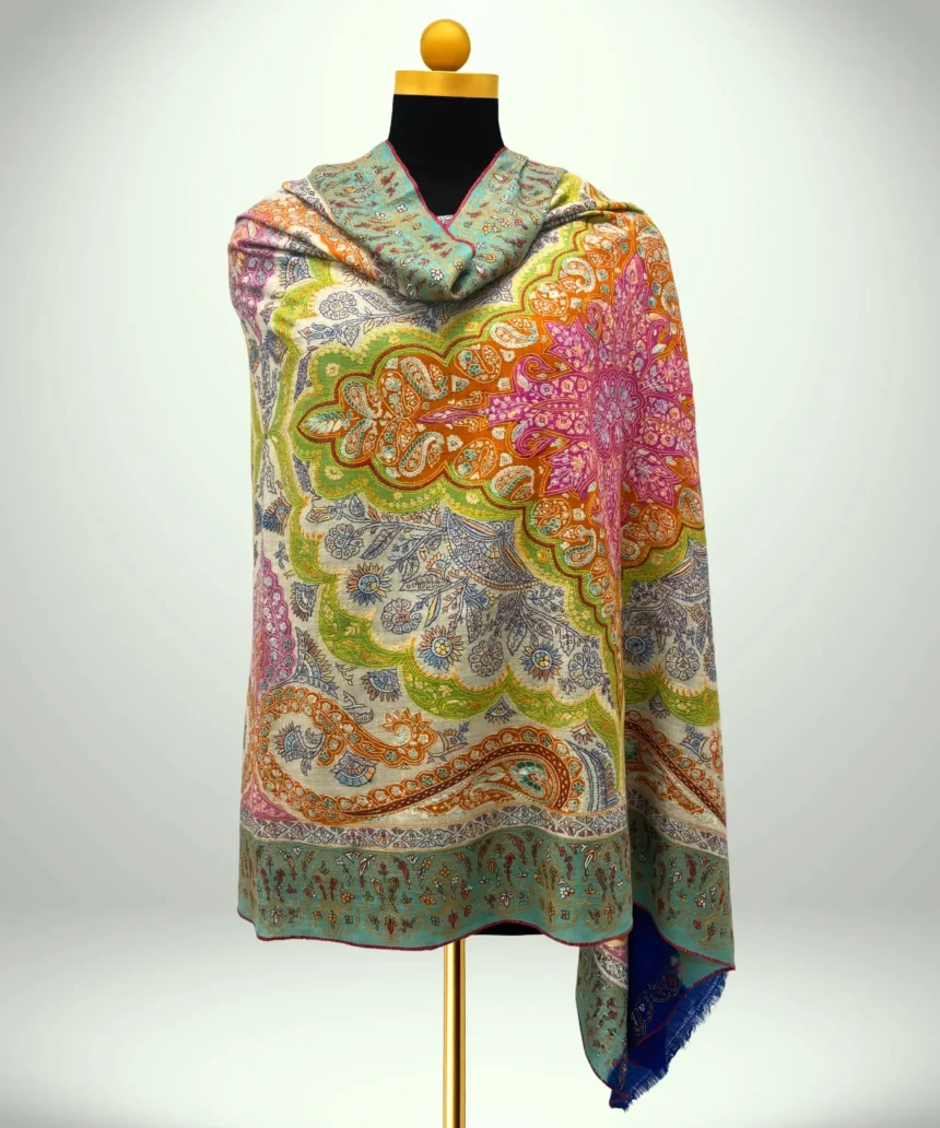 Handmade Pashmina Kalamkari Shawl With Sozni Embroidery