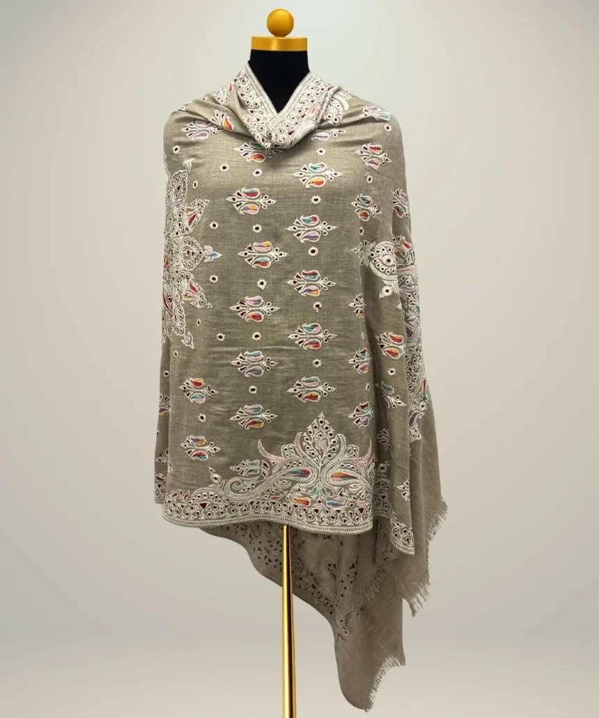 Handmade Pashmina Shawl in Slate Grey With Zari Embroidery