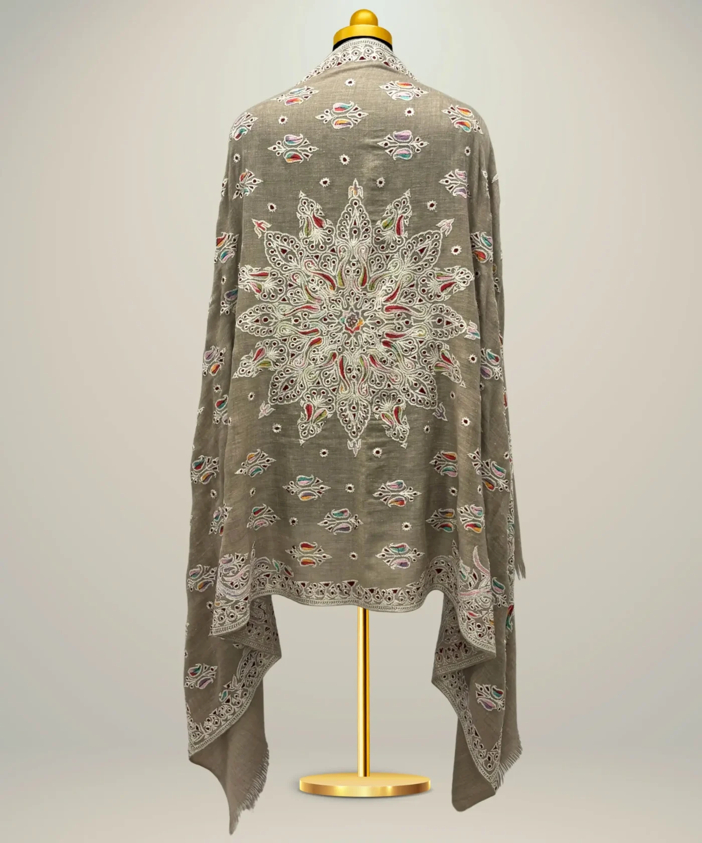 Handmade Pashmina Shawl in Slate Grey With Zari Embroidery - Image 2