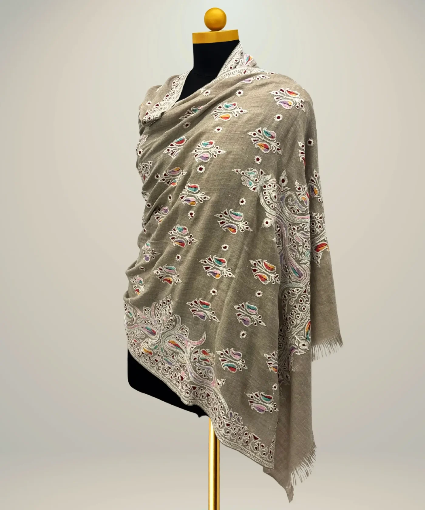 Handmade Pashmina Shawl in Slate Grey With Zari Embroidery - Image 3